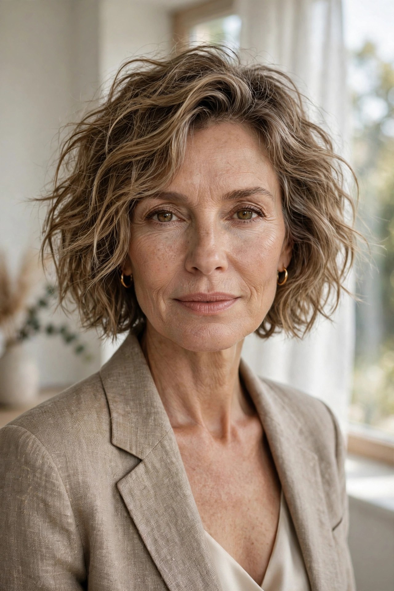 Tousled wavy bob on a woman in her 50s
