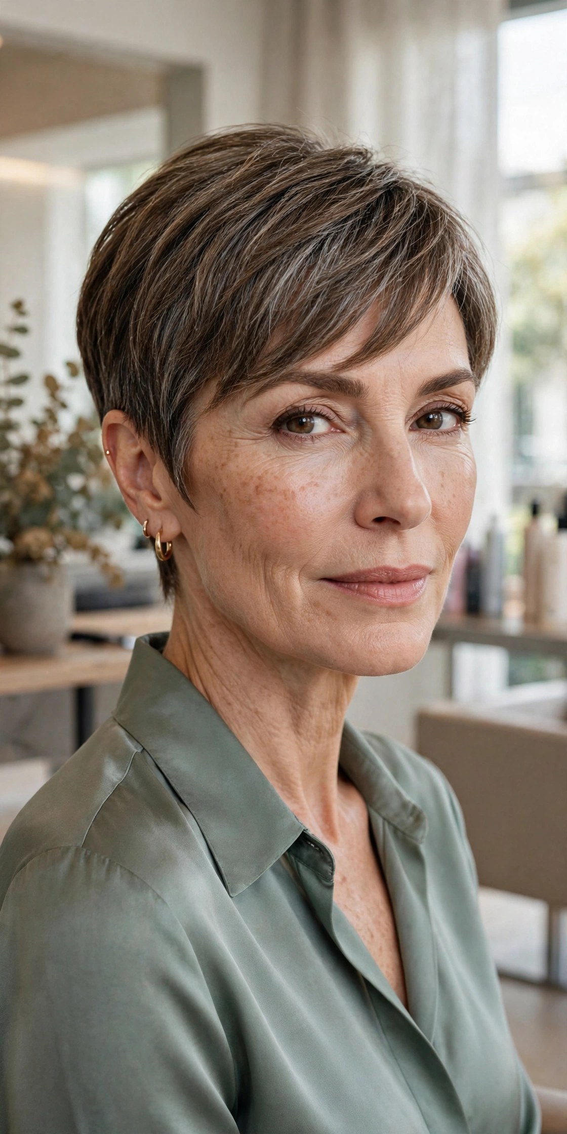 Tapered pixie with swept fringe on a woman in her 50s