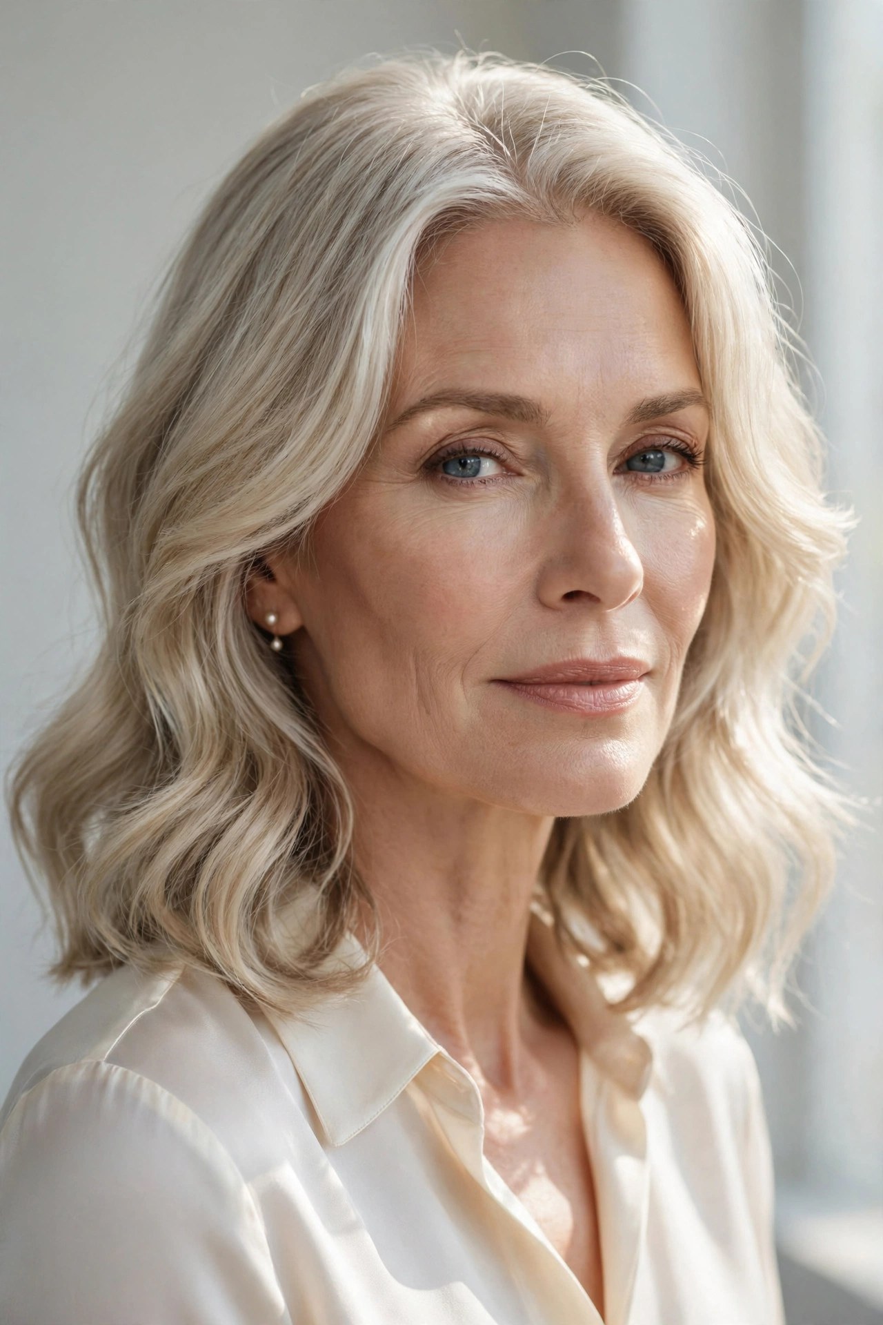 Pearl toned lob with soft waves on a woman in her 50s