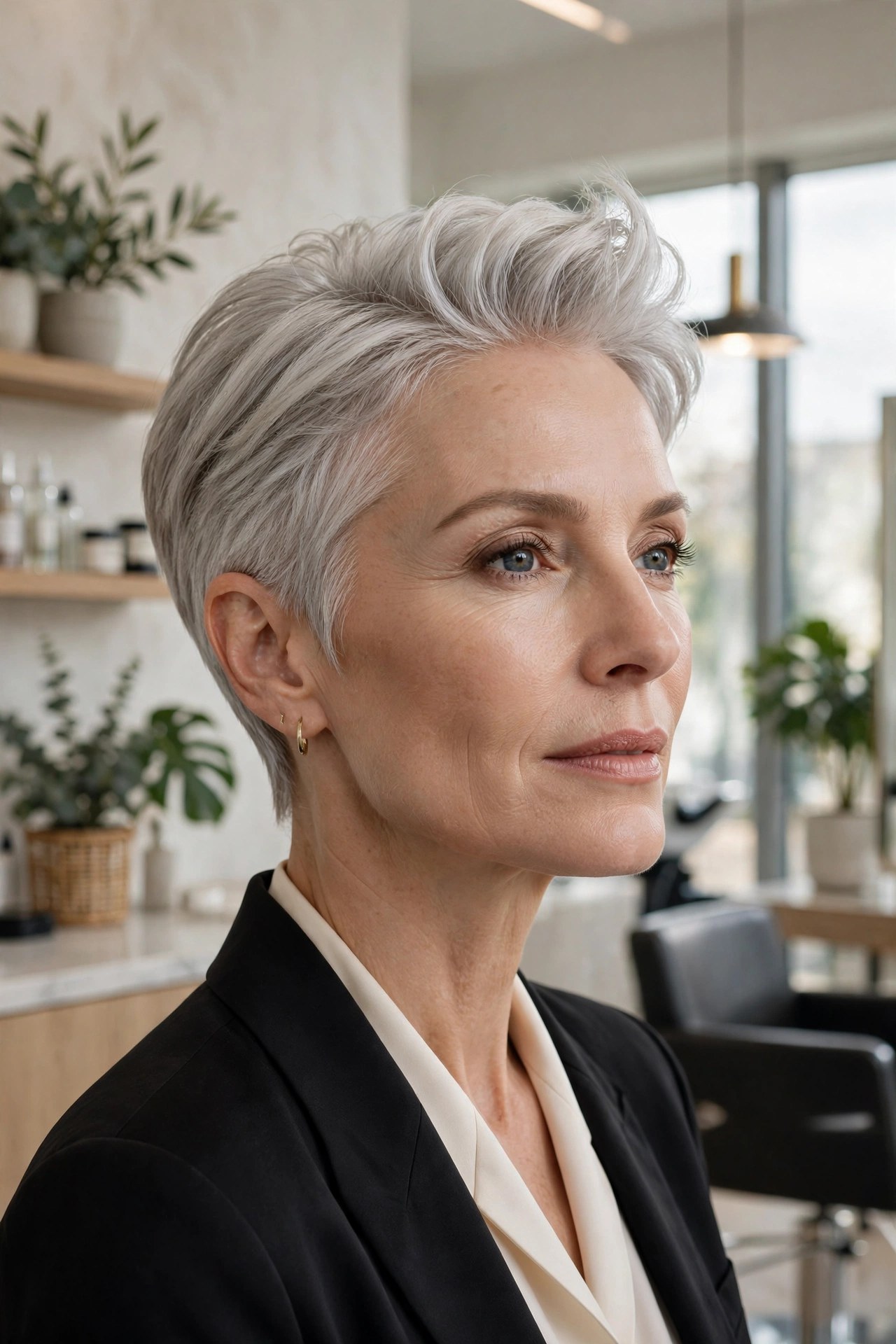 Silver pixie brushed back on a woman in her 50s