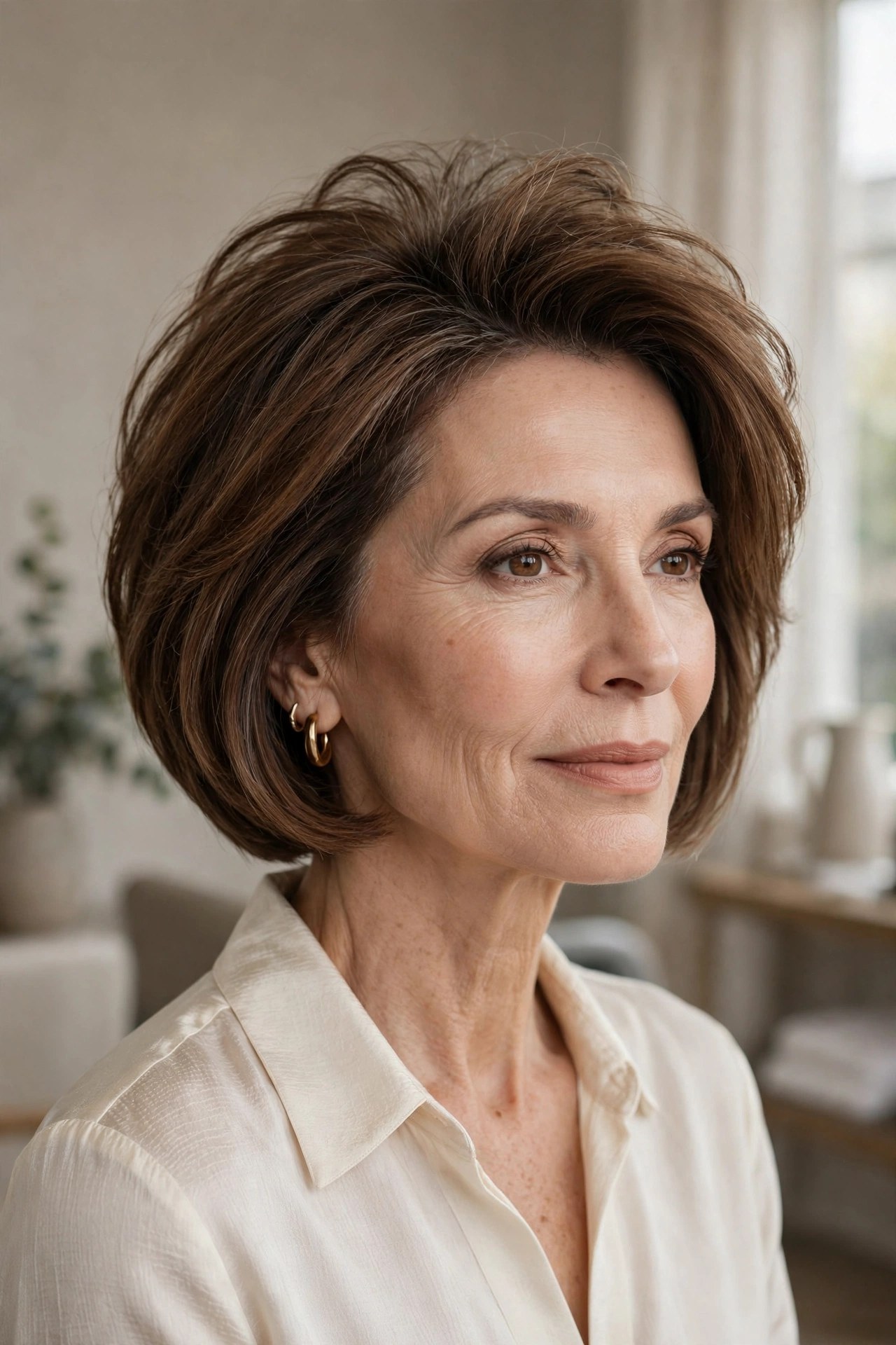 Bob with layered crown volume on a woman in her 50s