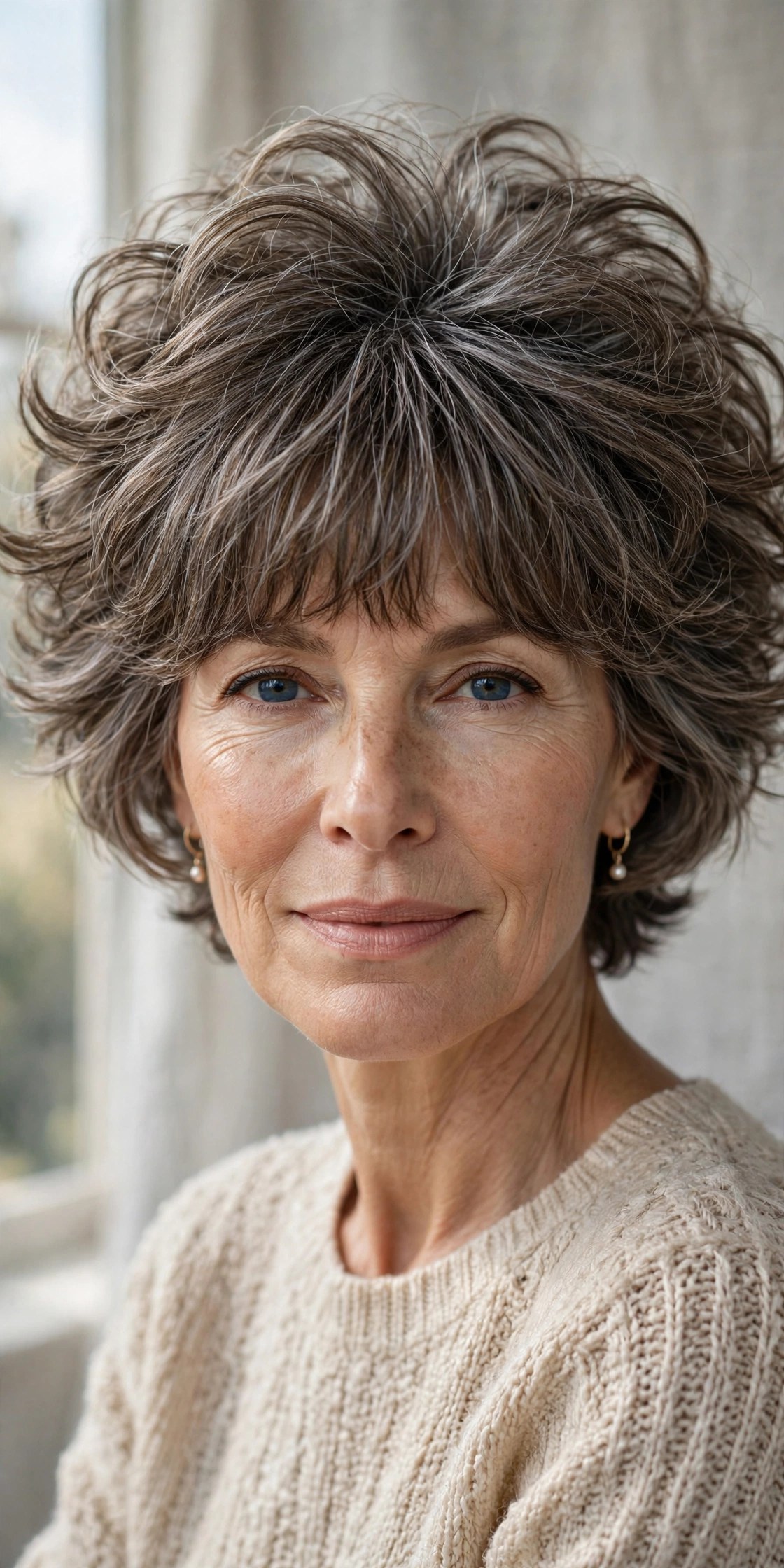 Voluminous bixie with full fringe on a woman in her 50s