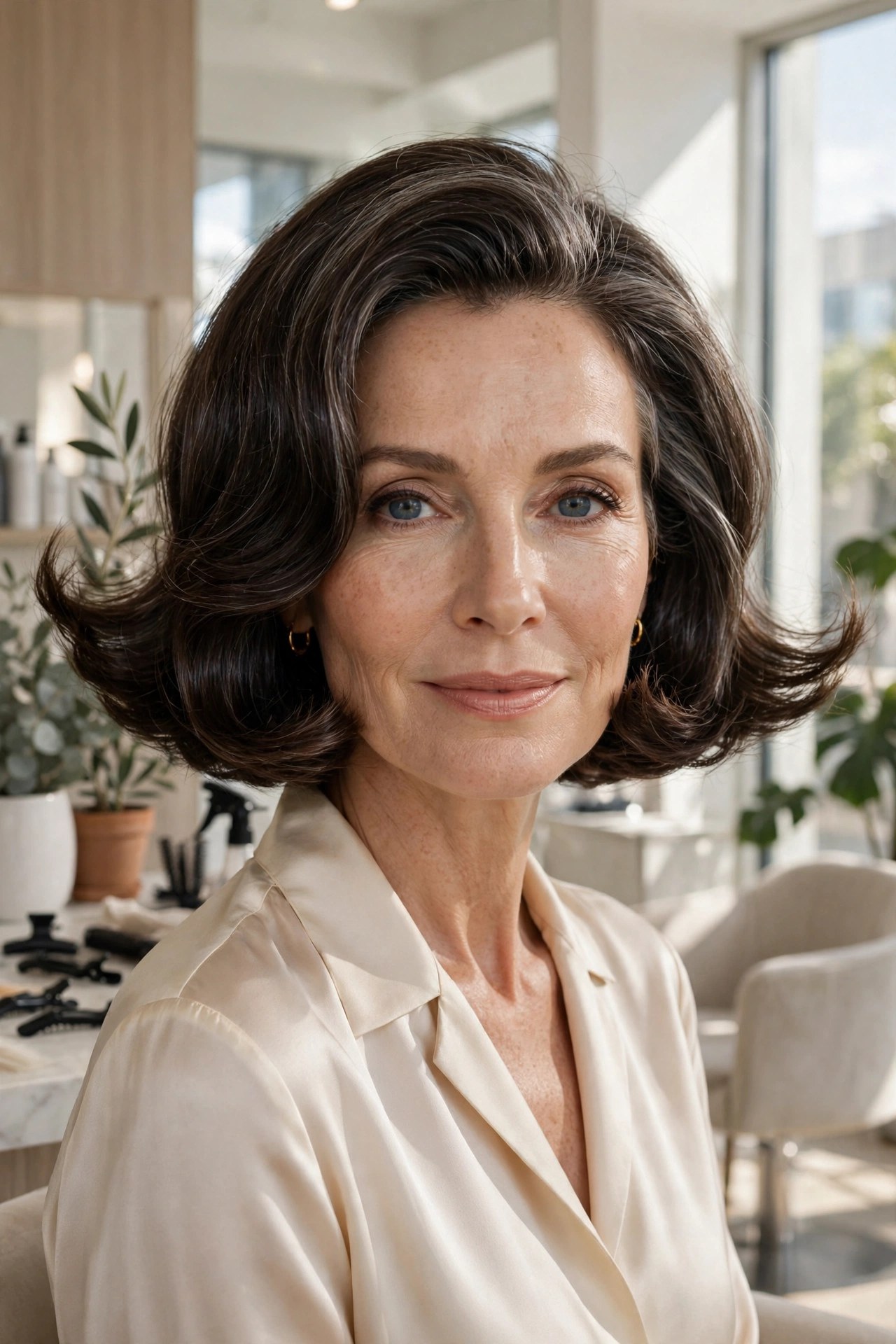 Chin bob with flipped ends on a woman in her 50s