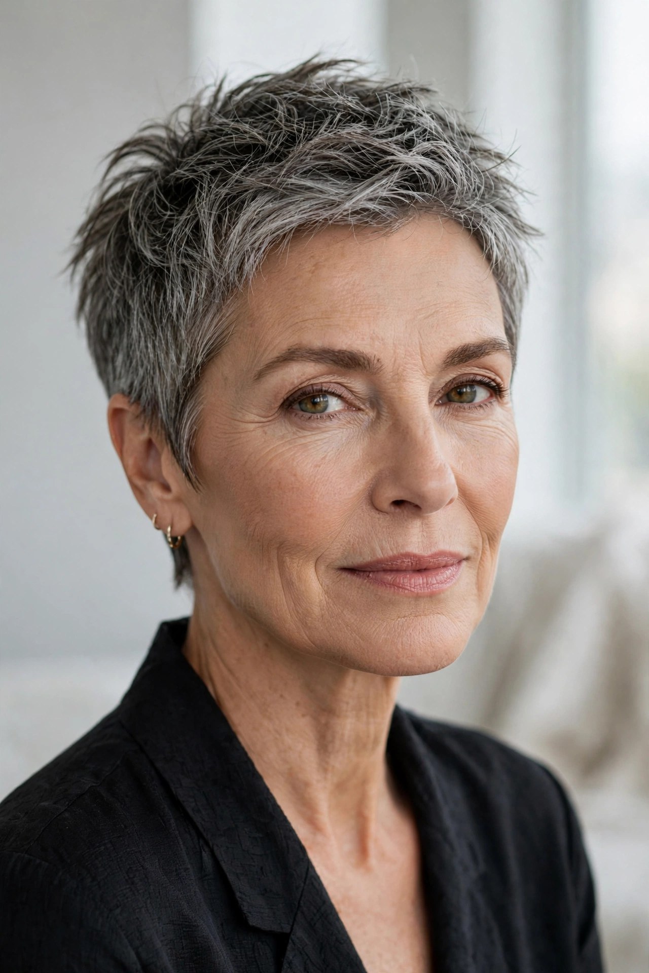 Textured gray crop on a woman in her 50s