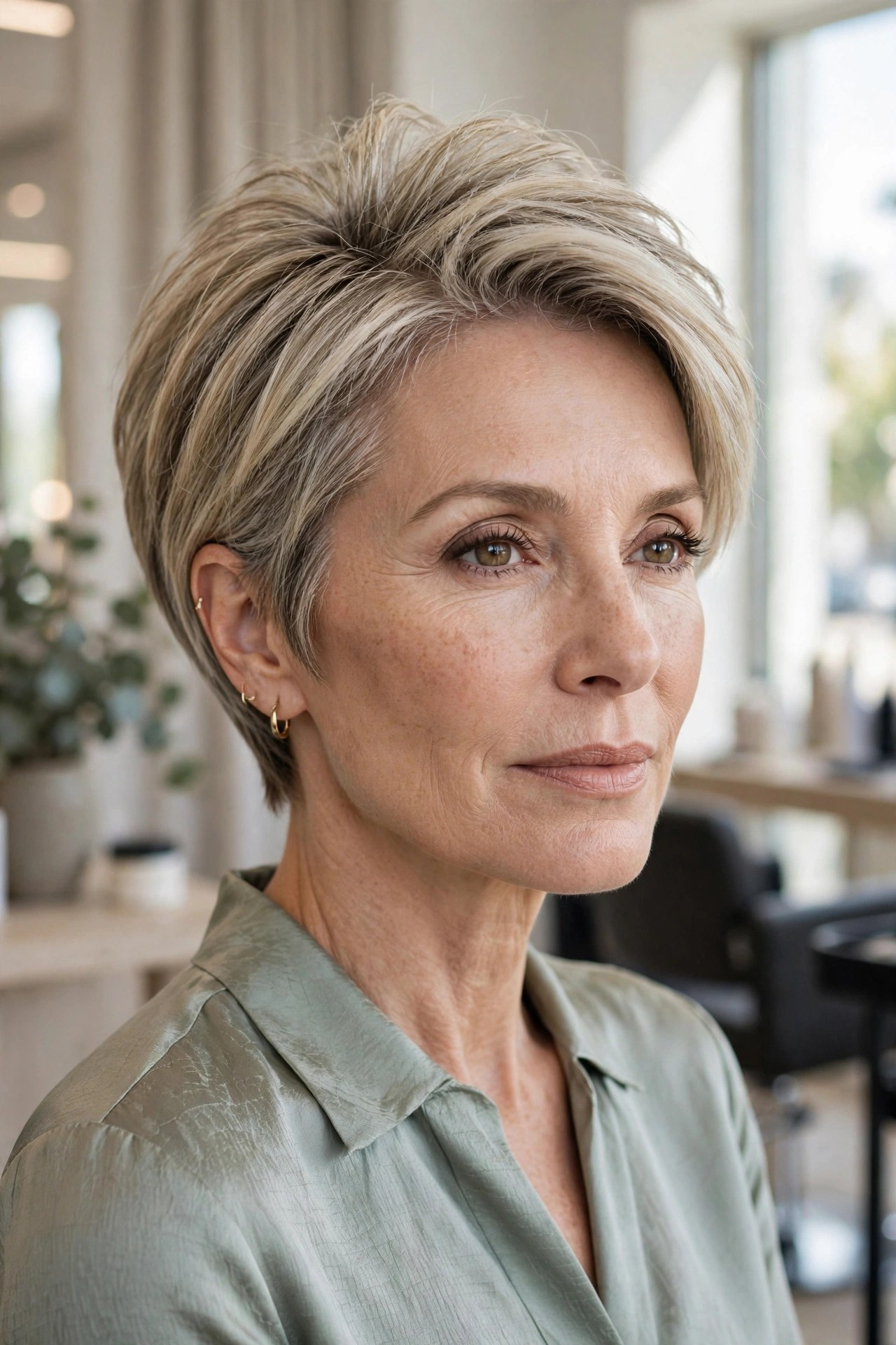 Pixie bob with teased crown on a woman in her 50s