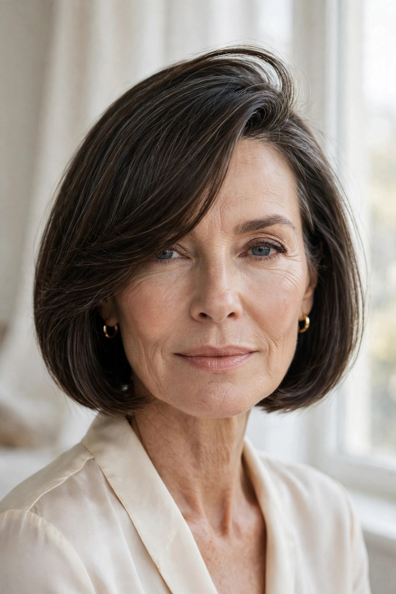 Chin bob with deep side part on a woman in her 50s
