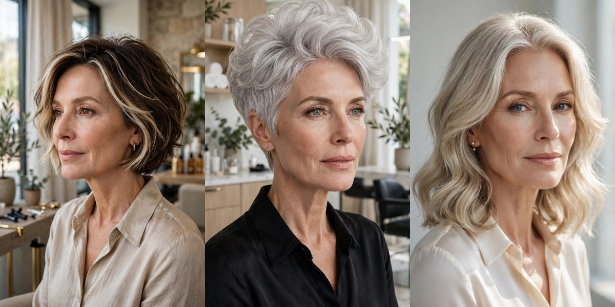 26 hairstyles for thin fine hair over 50 collage: money piece bob, silver blowout pixie, pearl lob