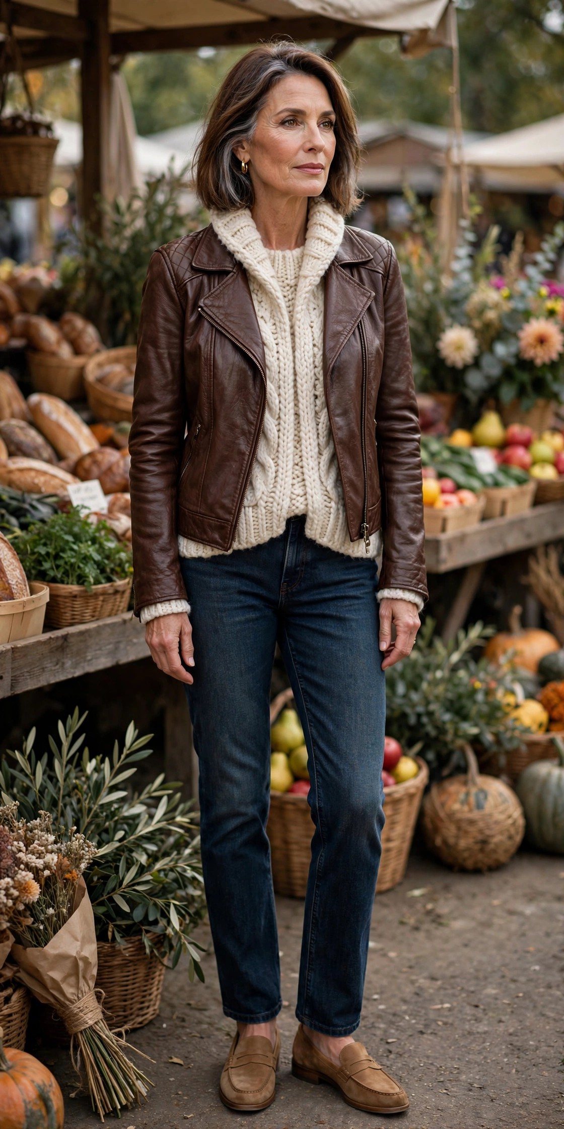 Woman in her 50s wearing a chocolate brown leather moto jacket with cream knit sweater and jeans
