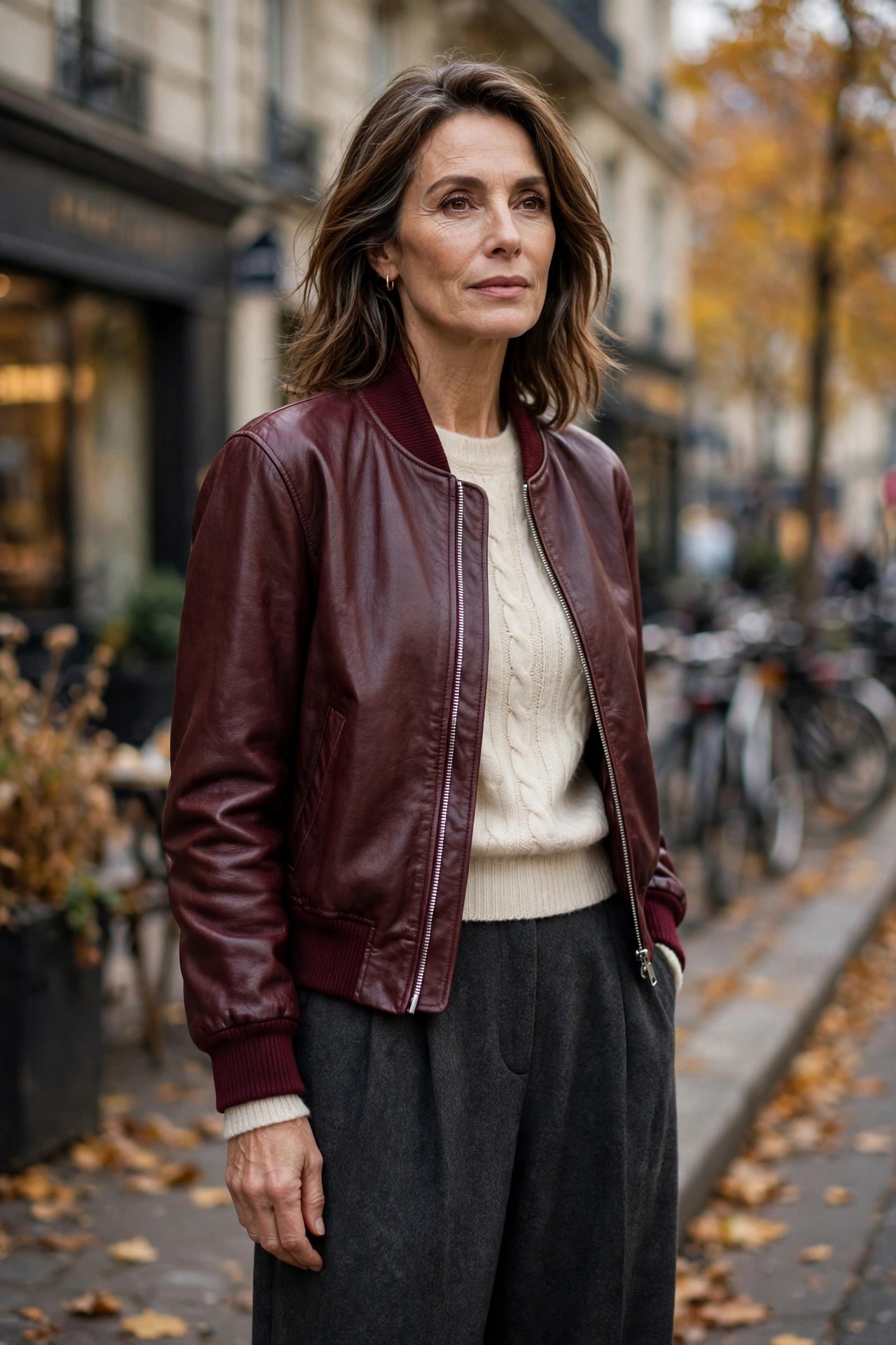 Woman in her 50s wearing a burgundy leather bomber jacket with charcoal wool trousers