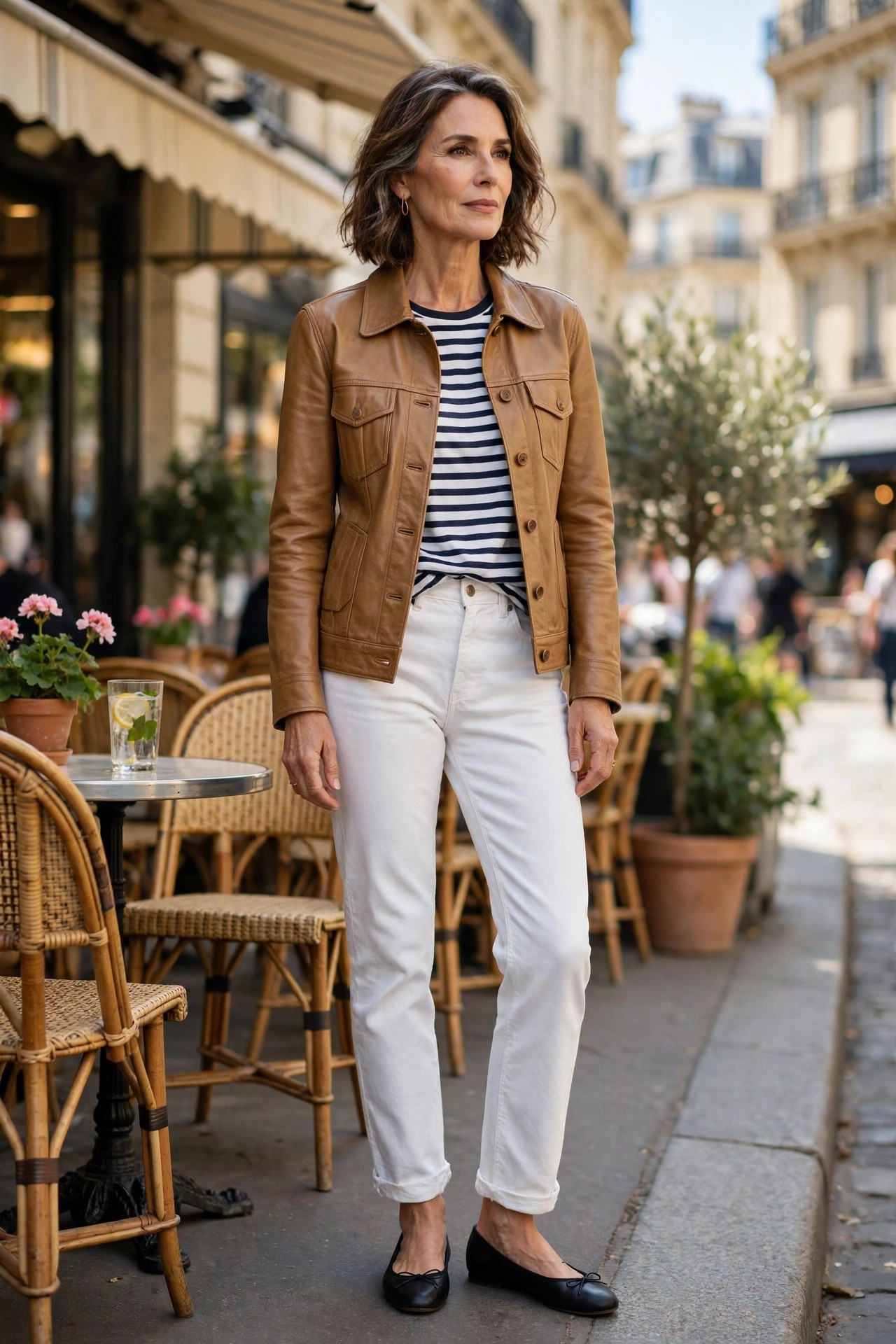 Mature woman in a tan leather trucker jacket over a Breton stripe tee and white jeans
