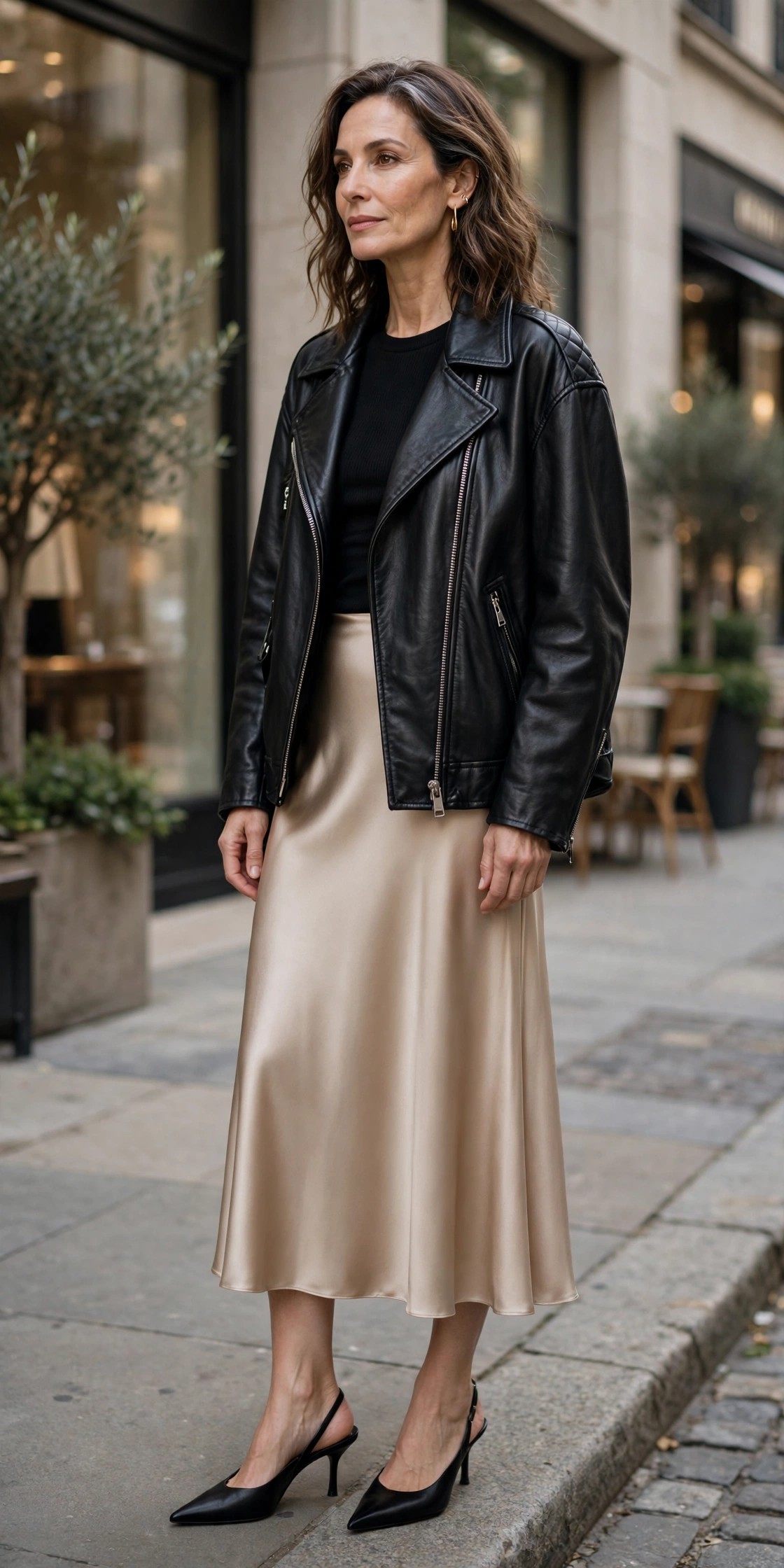 Woman over 50 in an oversized black moto jacket with a champagne satin midi skirt