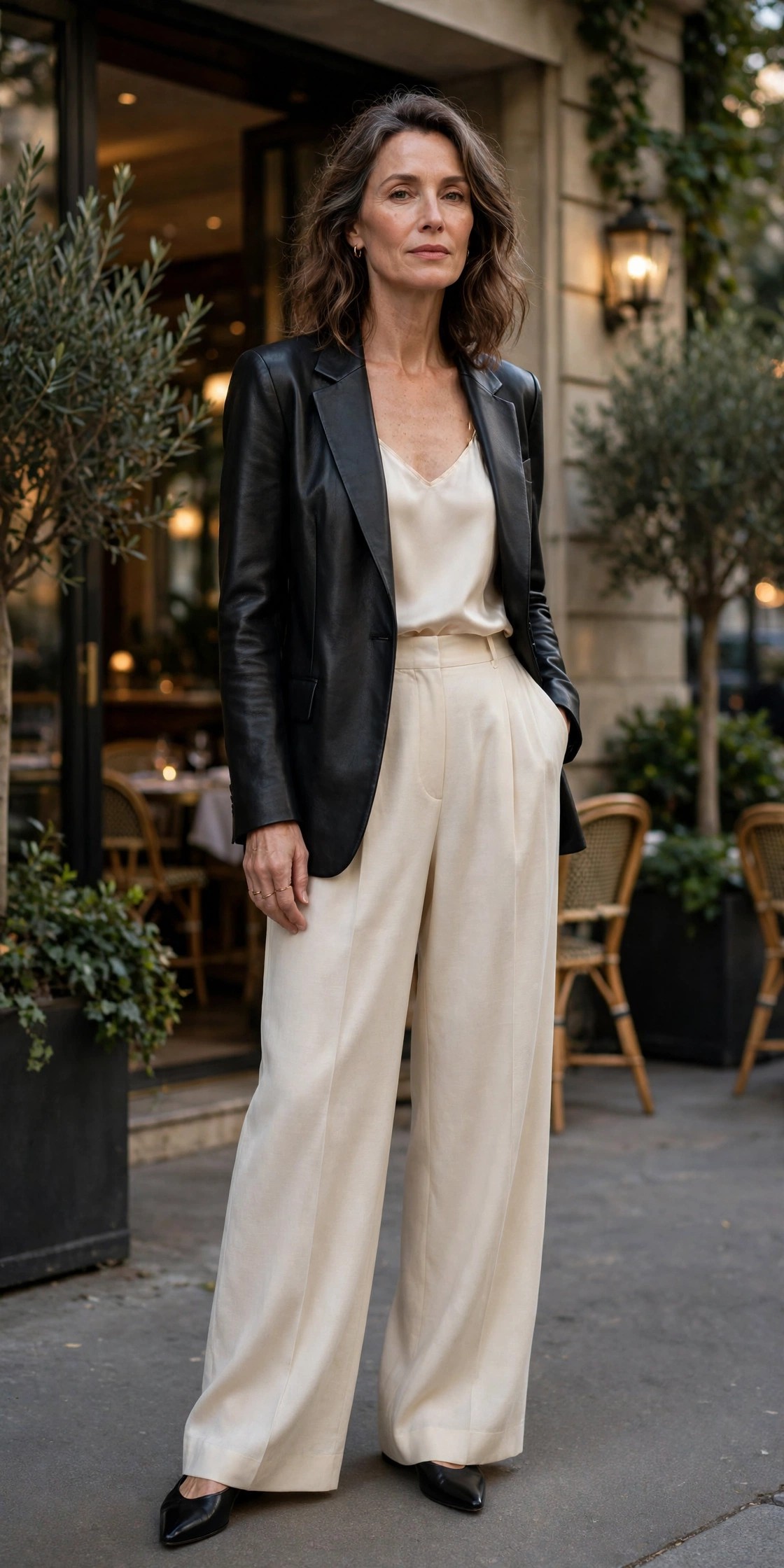 Elegant woman in a black leather blazer over an all-cream outfit