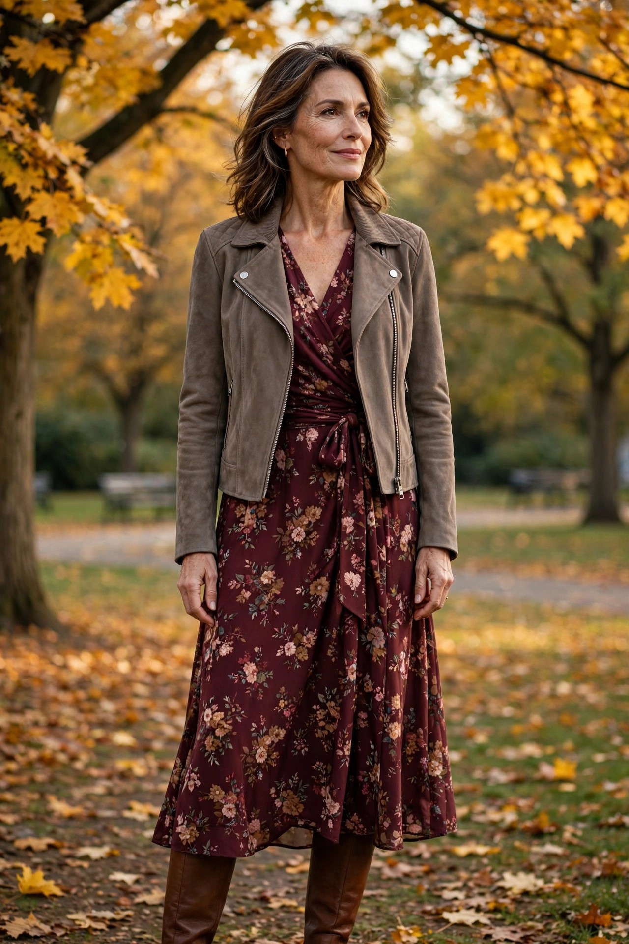 Woman in her 50s in a taupe suede moto jacket over a burgundy floral wrap dress