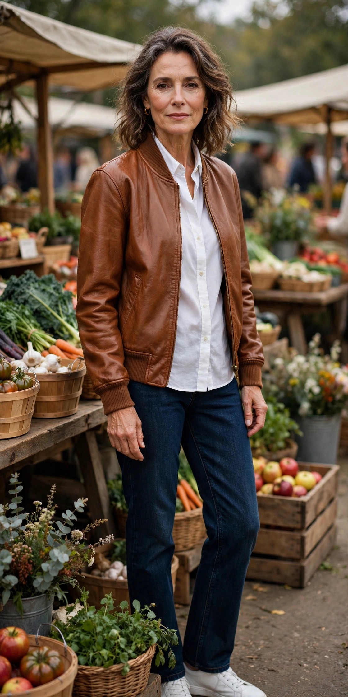 Mature woman wearing a cognac leather bomber jacket with white shirt and dark jeans