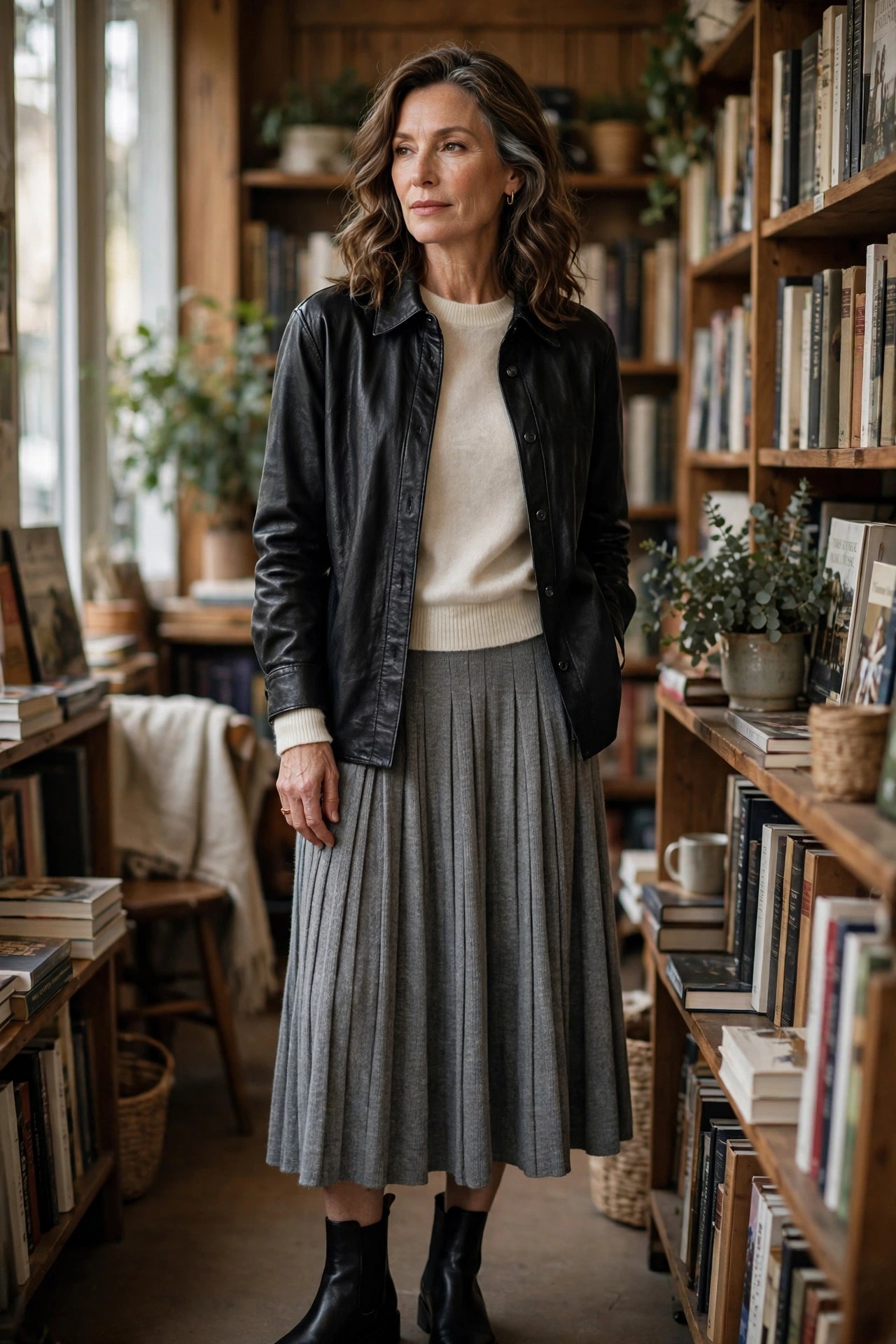 Woman over 50 in a black leather shirt-jacket with pleated knit midi skirt