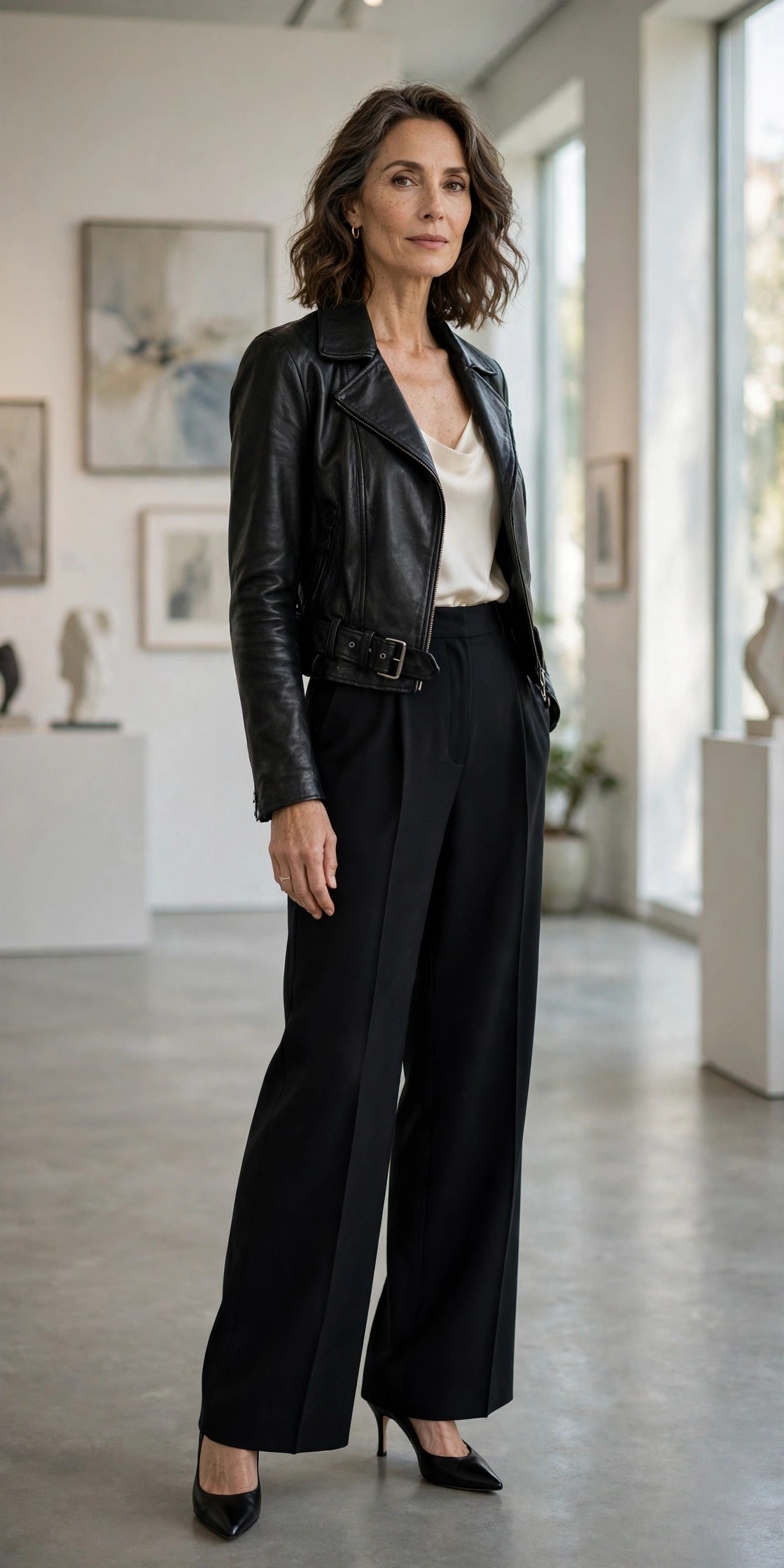 Elegant woman in a belted black leather jacket with wide-leg black trousers