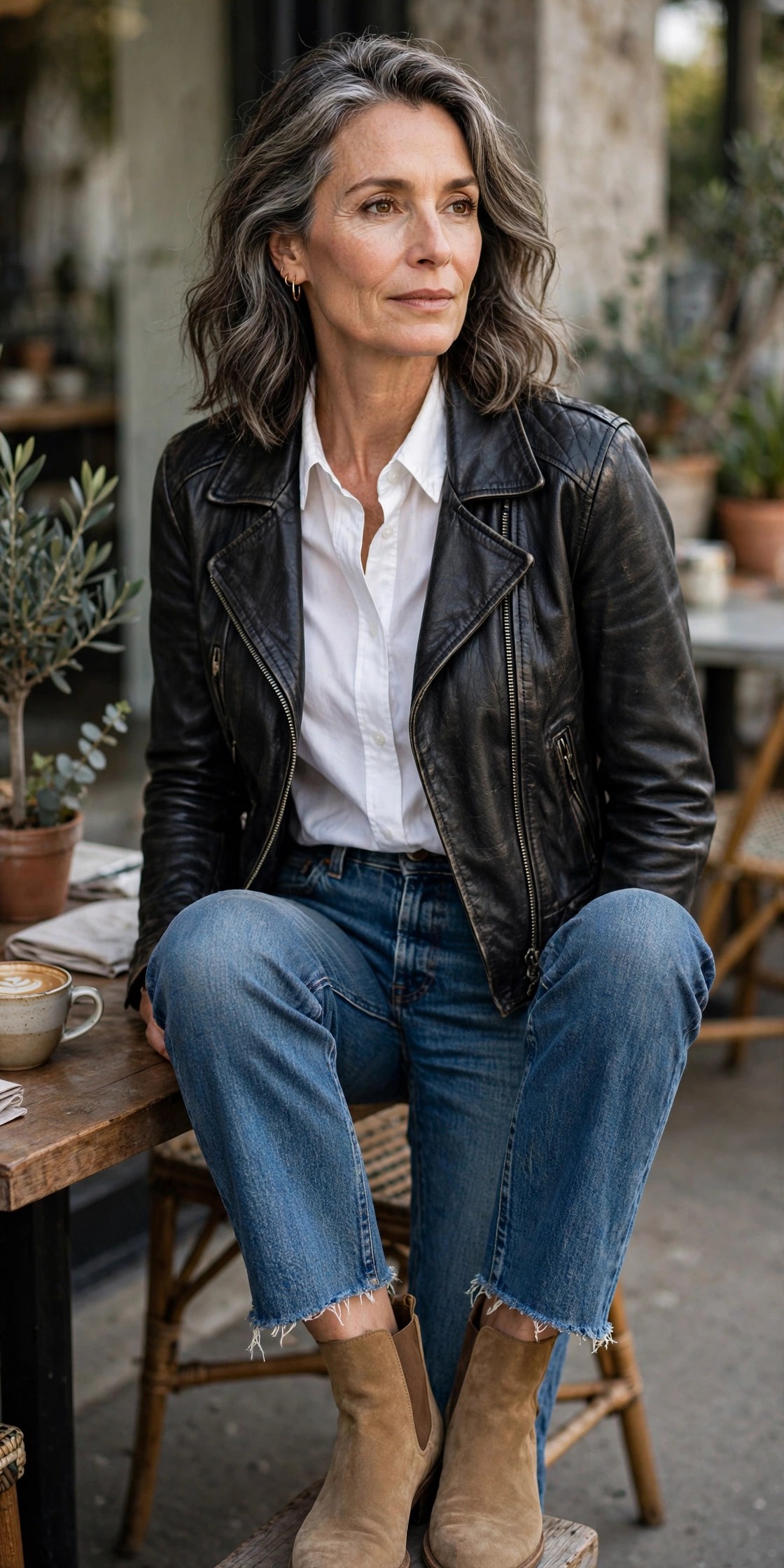 Woman in her 50s in a worn black moto jacket over a white Oxford shirt and jeans