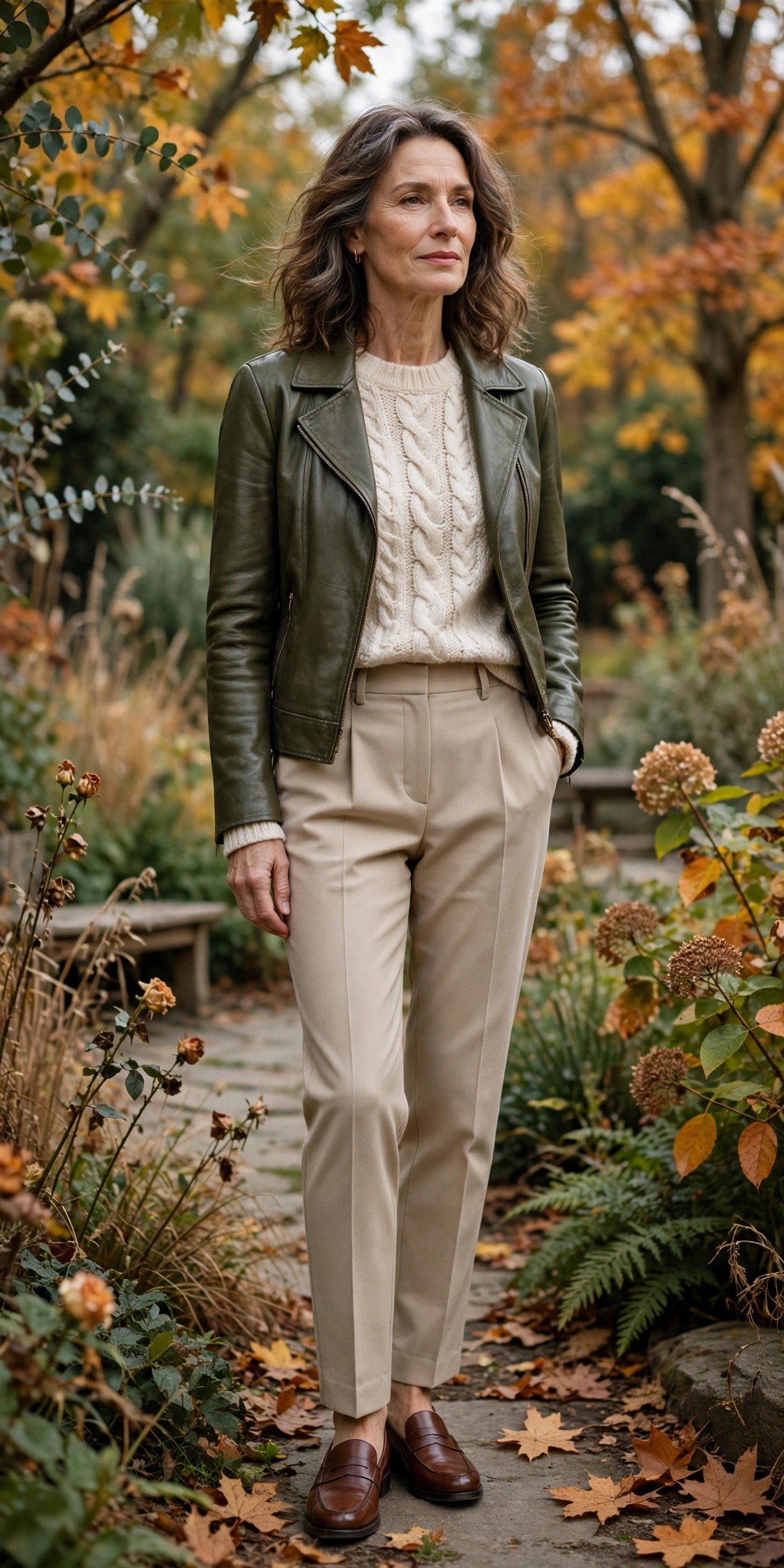 Mature woman wearing an olive leather jacket with cream cable knit and beige trousers