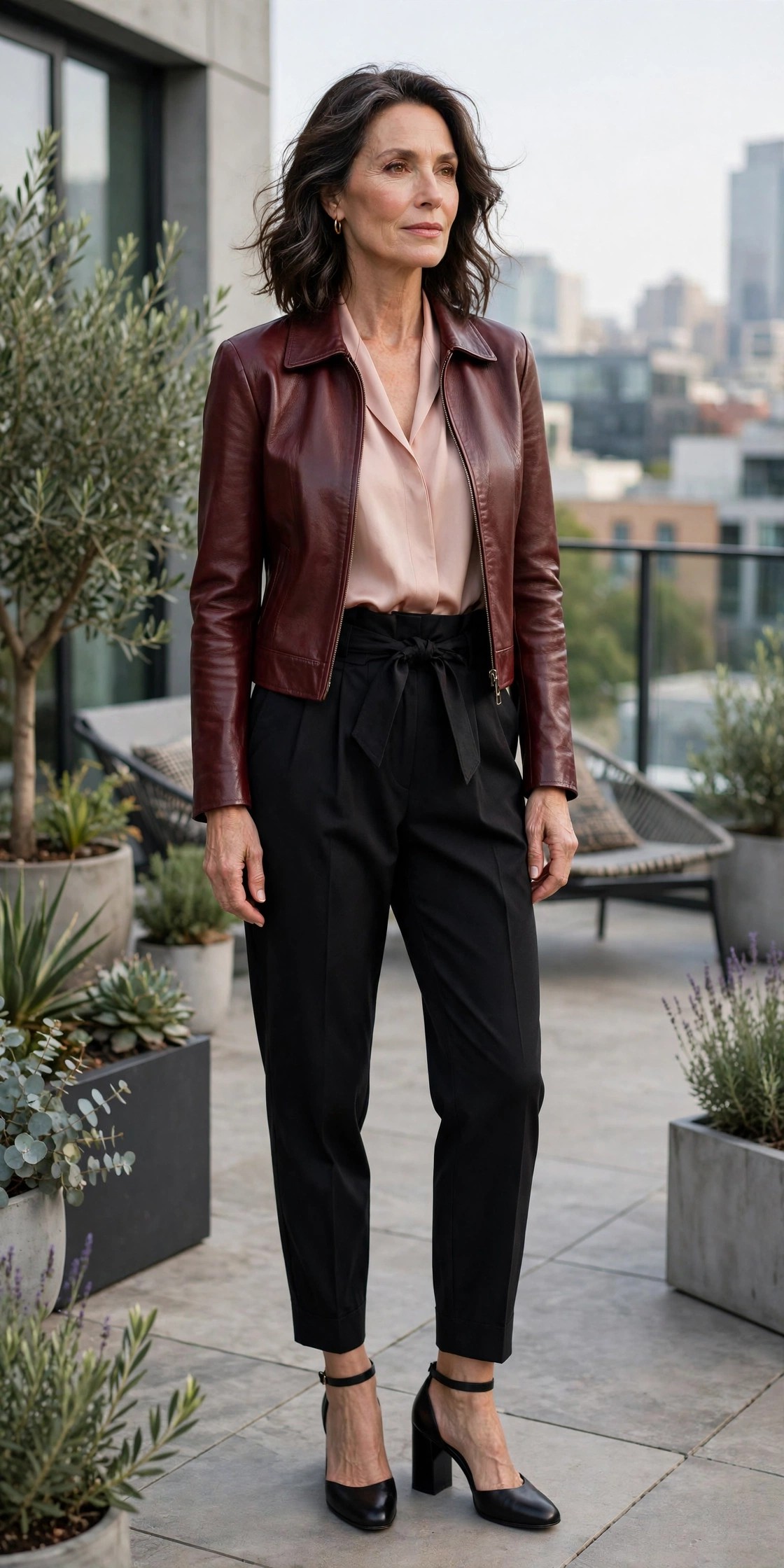 Woman over 50 in a cropped oxblood leather jacket with black paperbag trousers