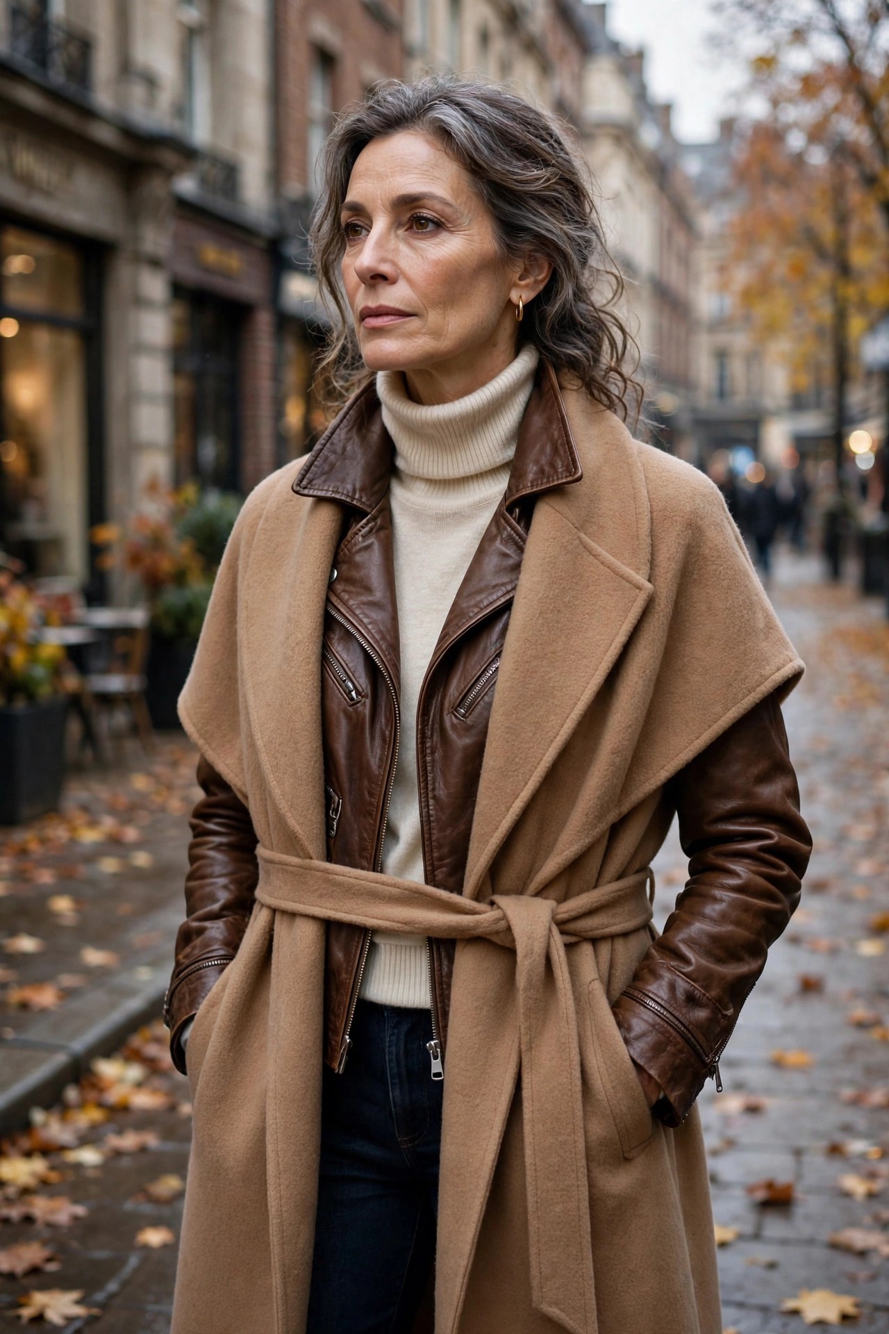 Woman in her 50s layering a brown leather moto jacket under a camel wool coat