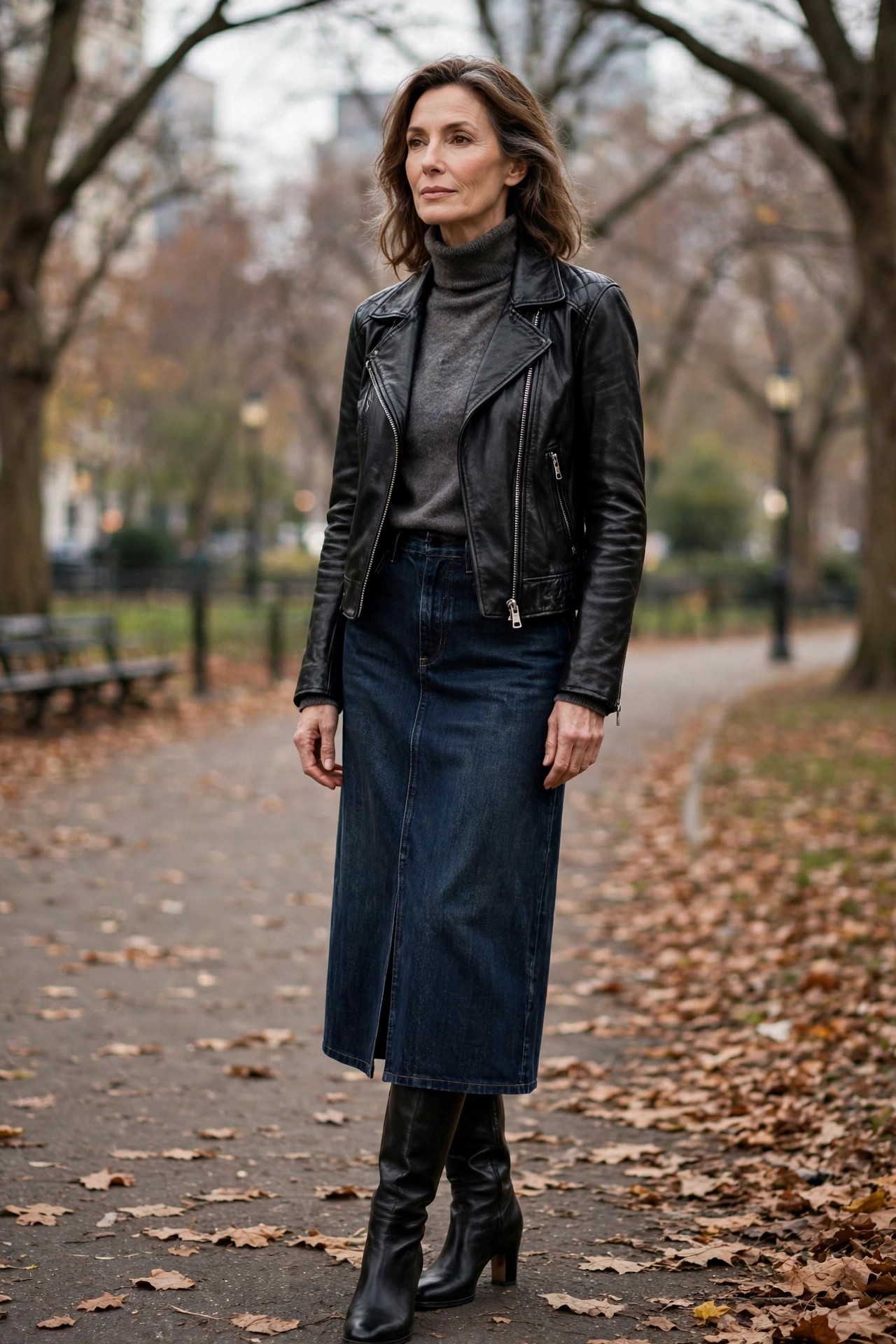 Mature woman in a black moto jacket over a cashmere turtleneck and denim midi skirt