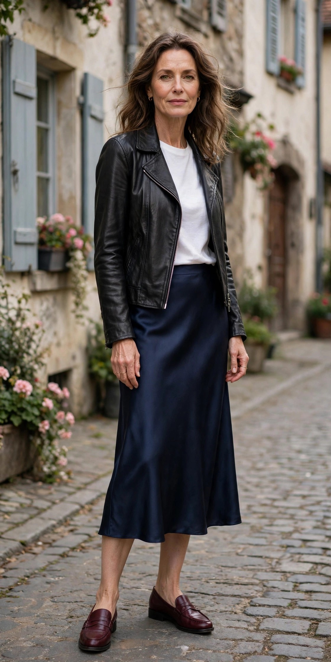 Woman over 50 in a black leather jacket with a navy satin slip skirt and loafers