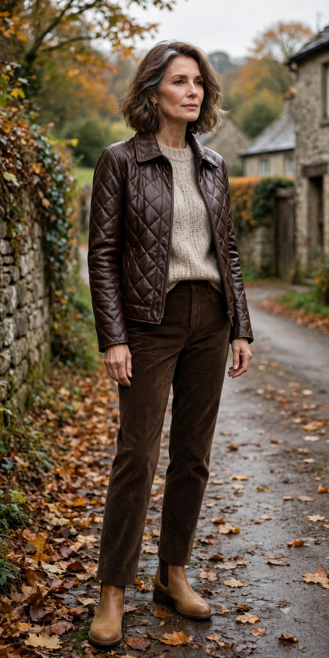 Woman in her 50s wearing a chocolate quilted leather jacket with corduroy trousers