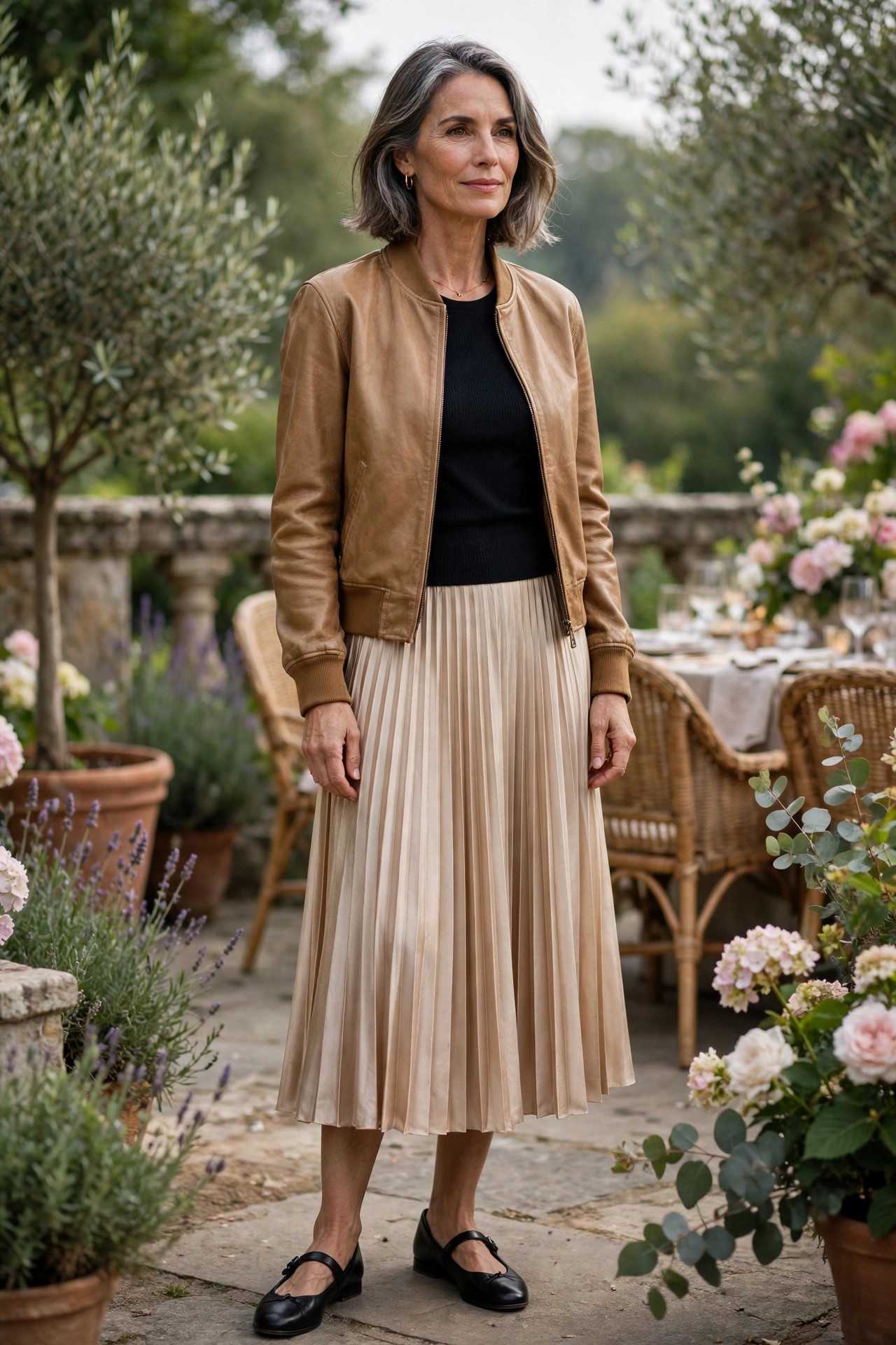 Mature woman in a tan leather bomber jacket with a champagne pleated skirt