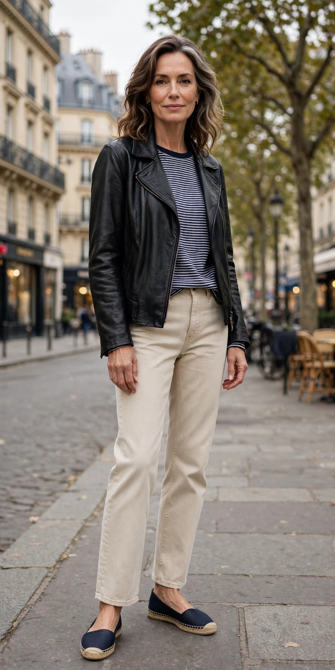 Woman over 50 in a black moto jacket over a striped sweater and ecru jeans