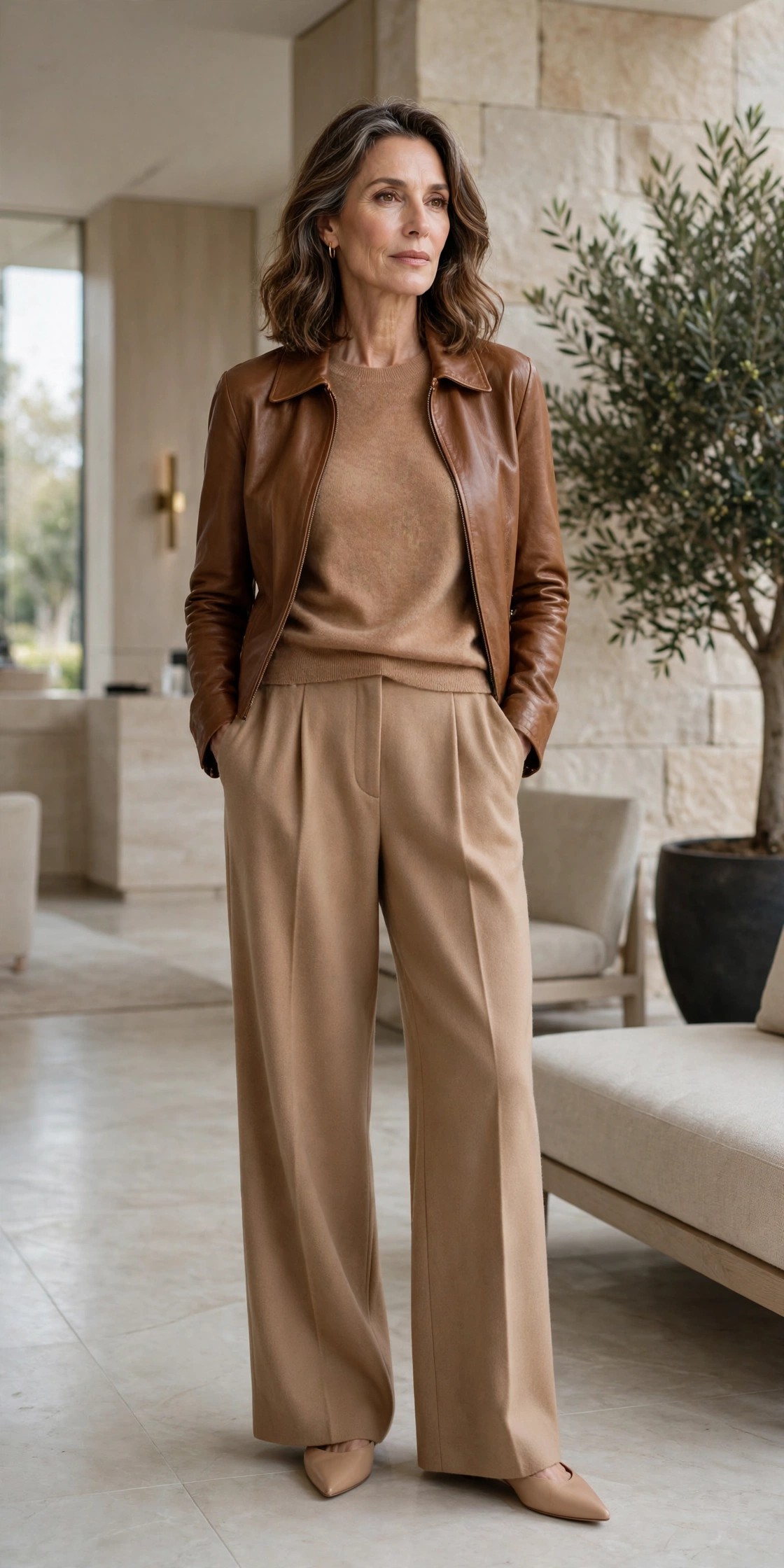 Elegant woman in a caramel leather jacket over a tonal camel outfit