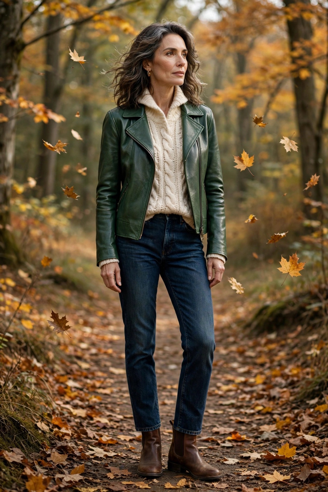 Mature woman wearing a forest green leather jacket with a cream cable knit sweater