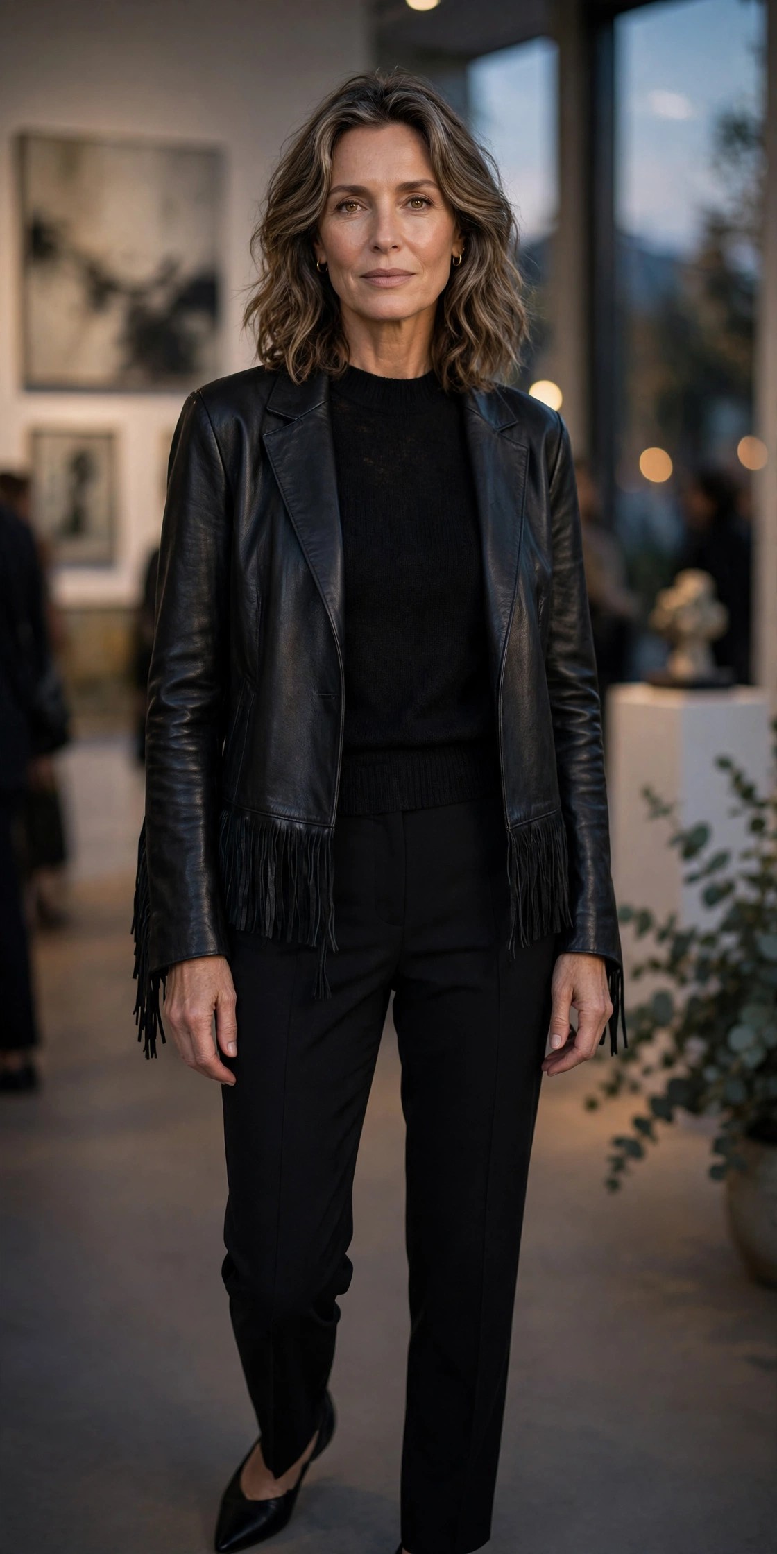 Woman over 50 in a fringe-hem black leather jacket over an all-black outfit