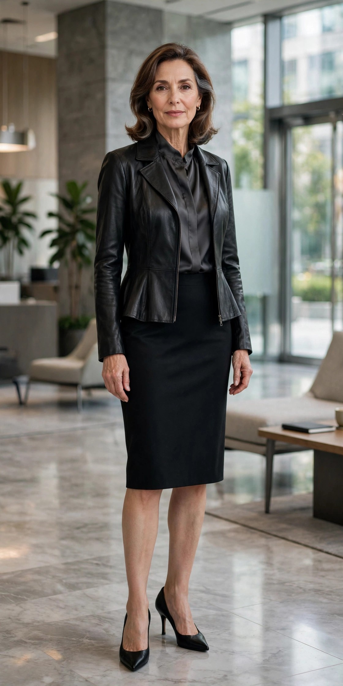 Elegant woman in a black leather peplum jacket with a pencil skirt