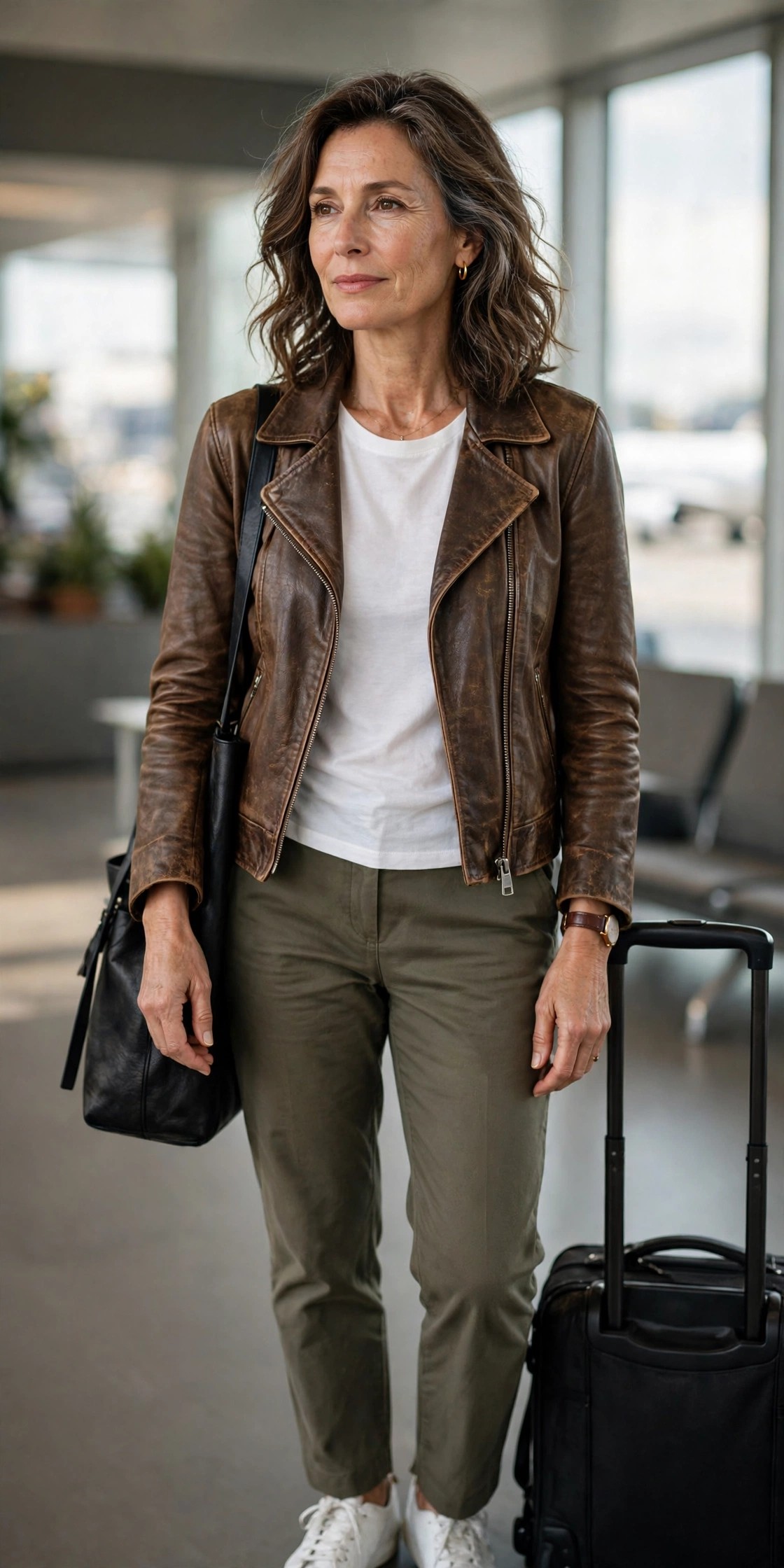 Woman in her 50s in a worn brown moto jacket with white tee and olive chinos