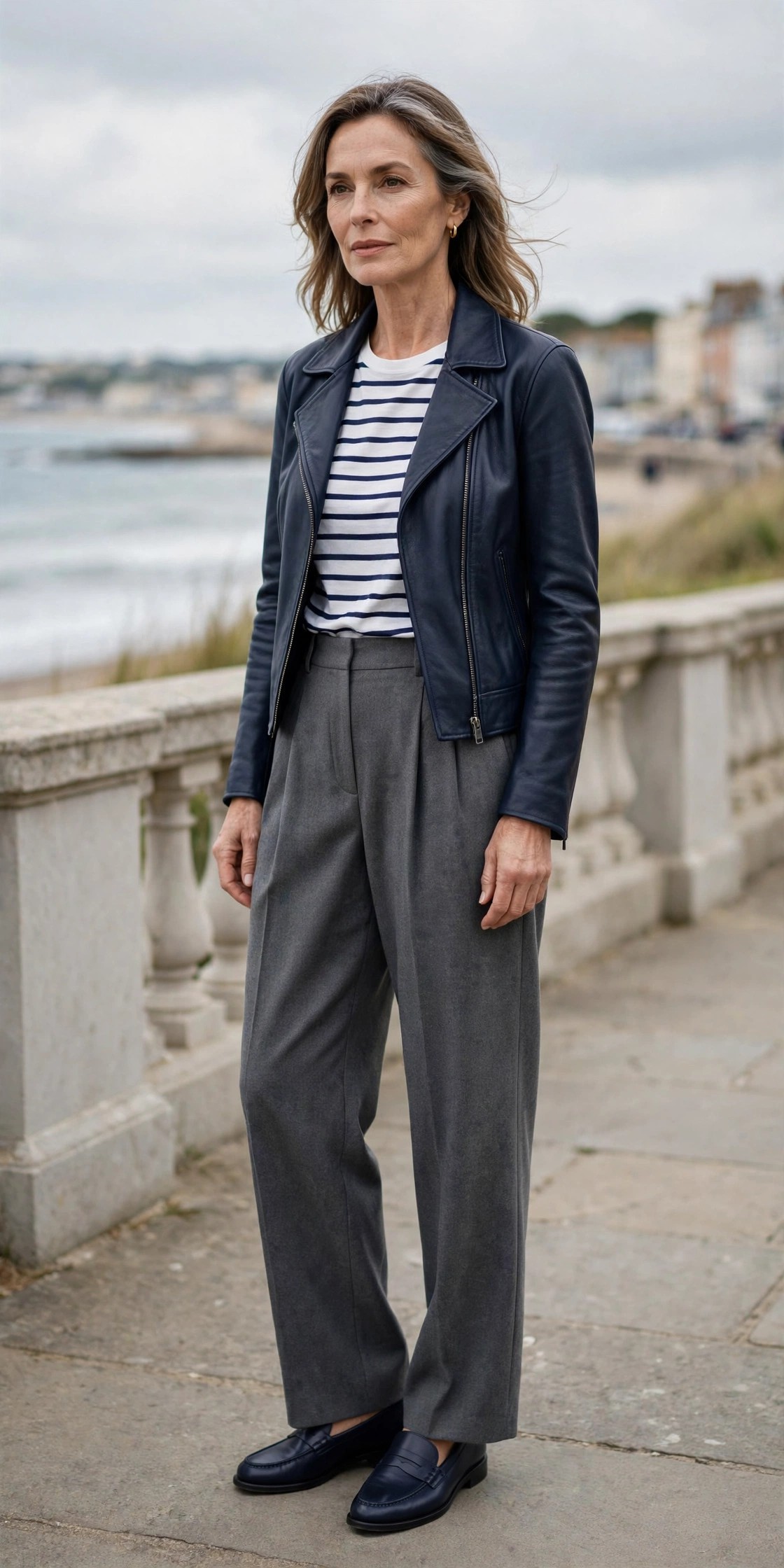 Mature woman wearing a navy leather jacket with gray wide-leg trousers