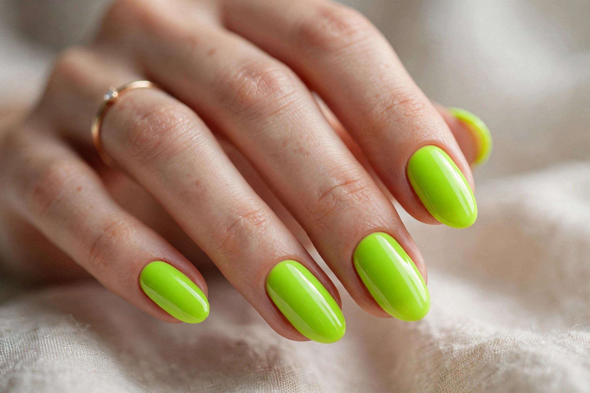 Elegant woman's hand with vivid neon electric lime manicured nails