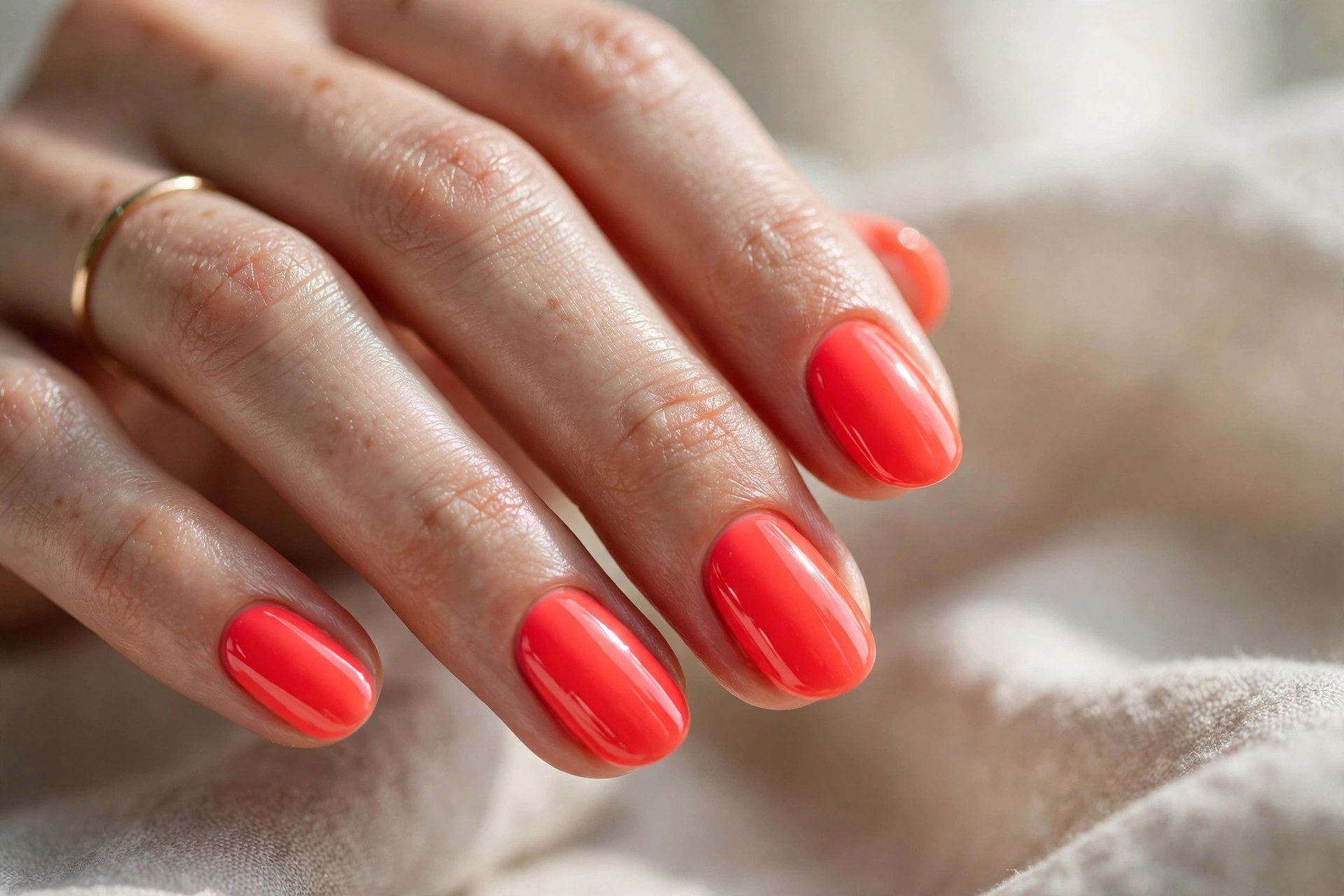 Elegant woman's hand with vivid neon coral manicured nails