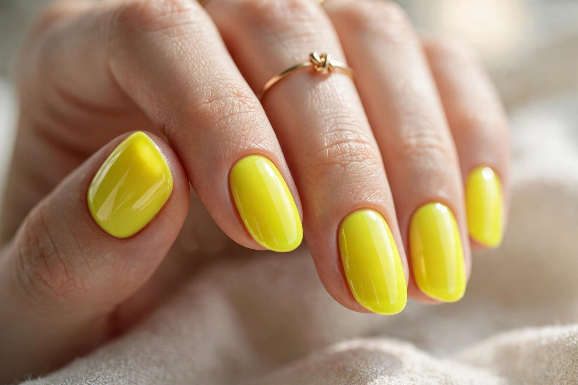 Elegant woman's hand with vivid neon acid yellow manicured nails
