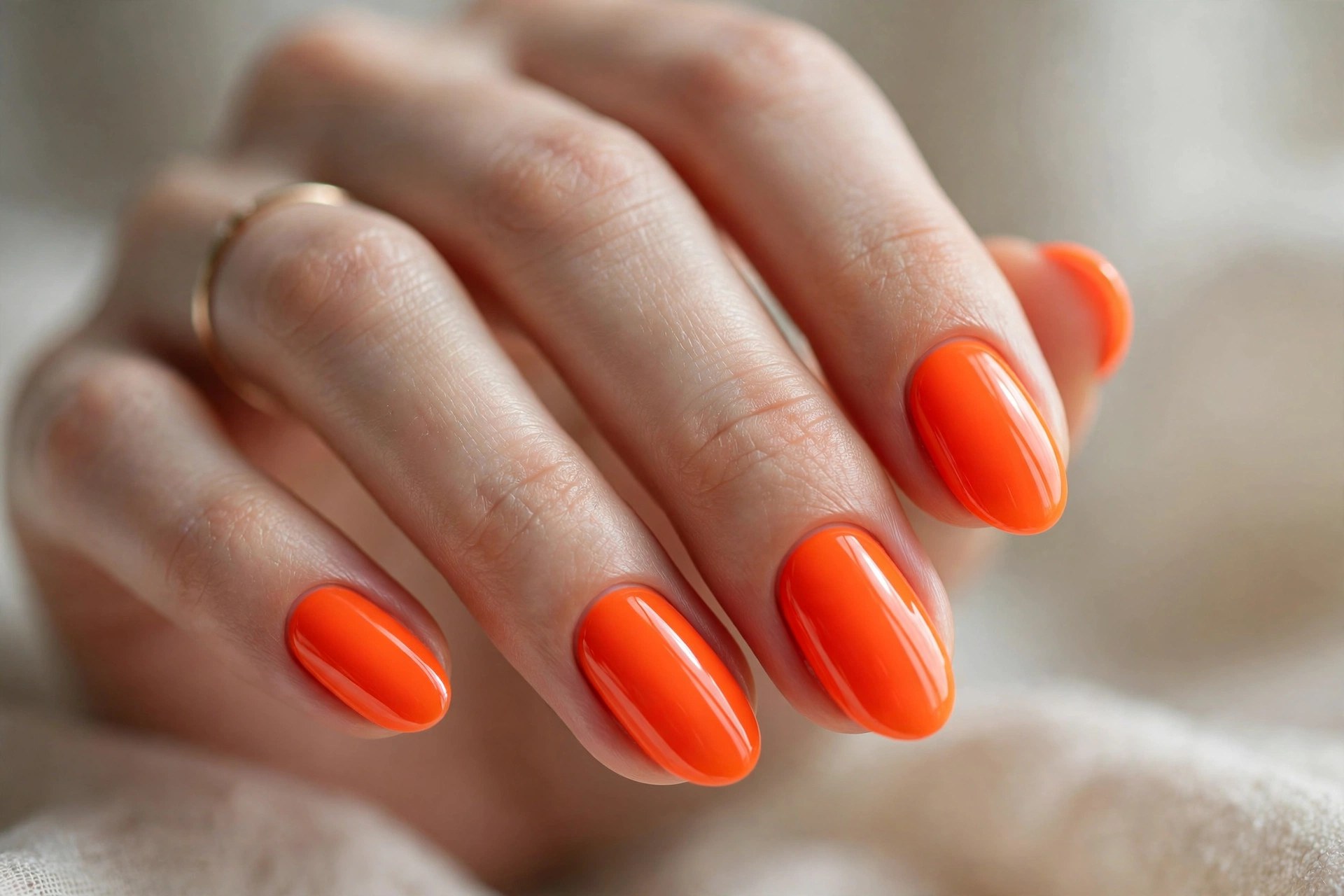 Elegant woman's hand with vivid neon tangerine manicured nails