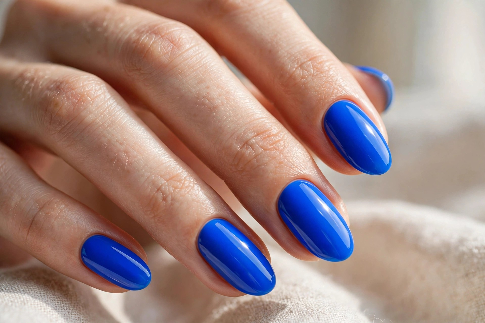Elegant woman's hand with vivid neon electric cobalt blue nails