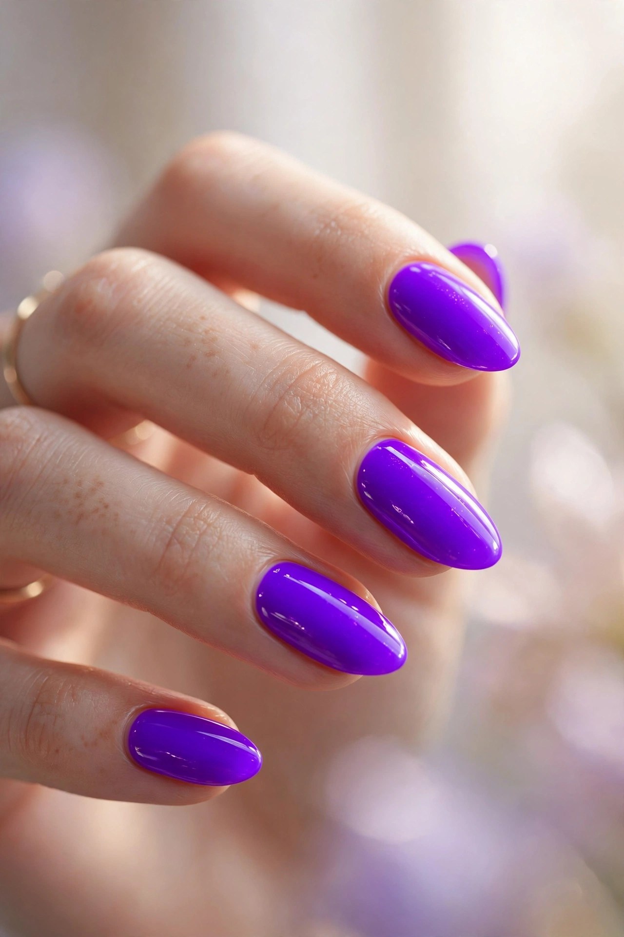Elegant woman's hand with vivid neon ultraviolet purple nails
