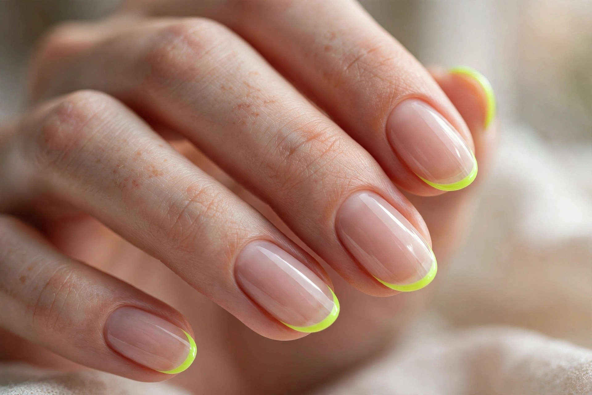 Elegant woman's hand with nude nails and neon lime micro tips