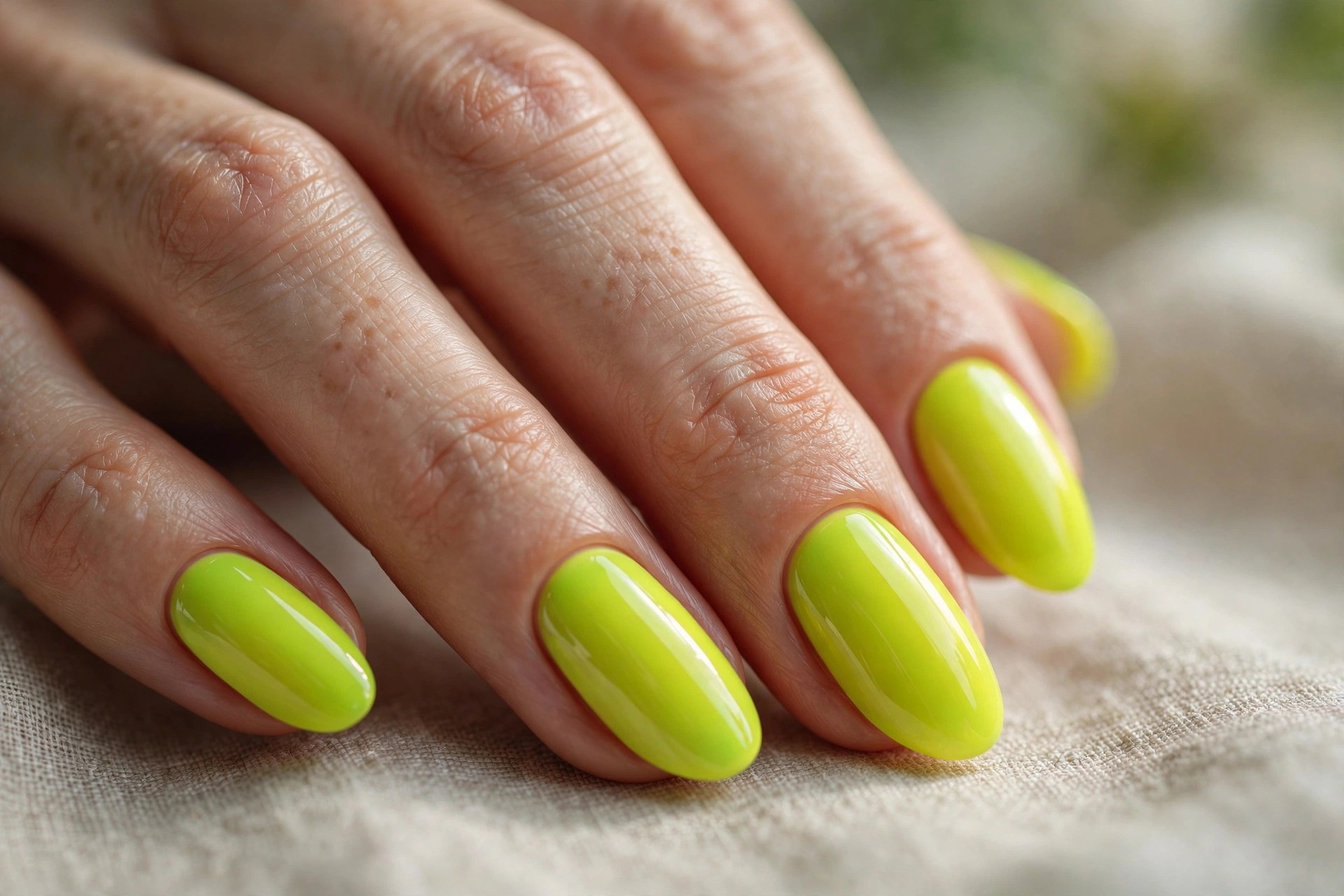 Elegant woman's hand with vivid neon chartreuse manicured nails