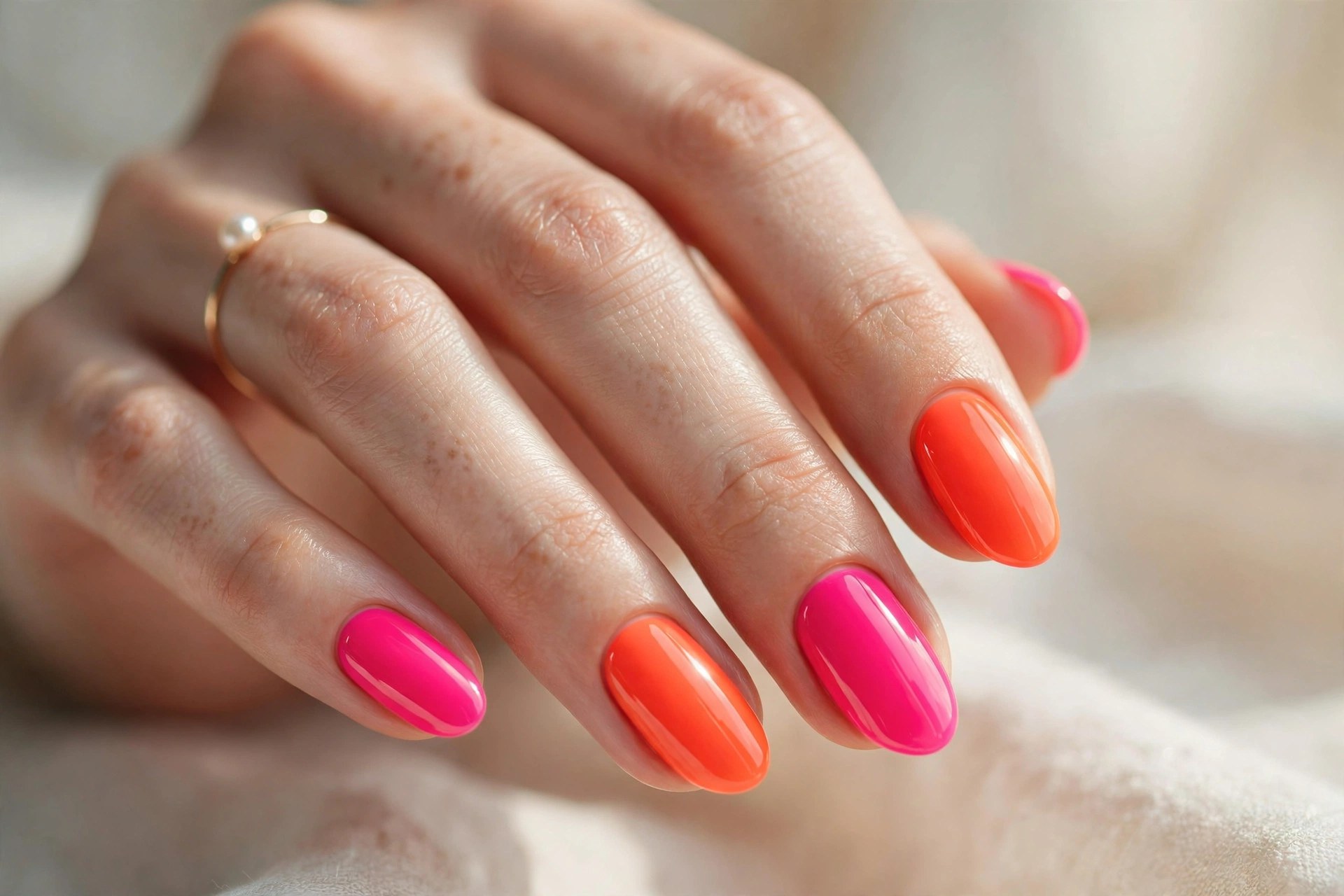 Elegant woman's hand with neon pink and orange skittle nails