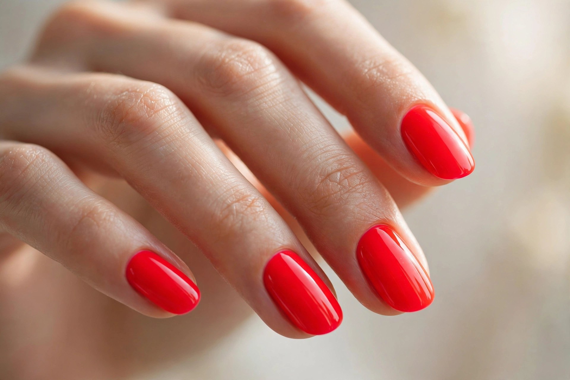Elegant woman's hand with vivid neon red manicured nails
