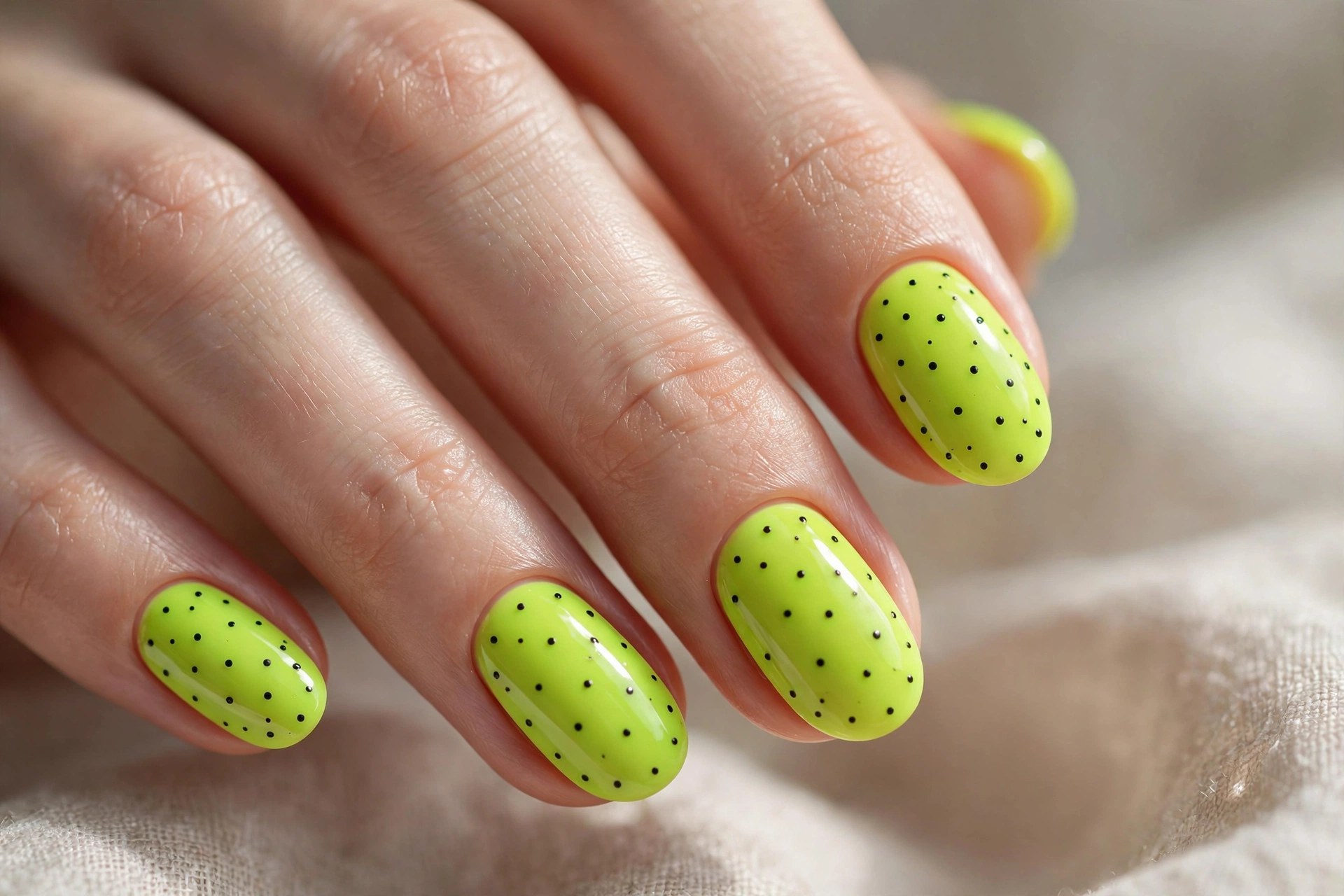 Elegant woman's hand with neon lime nails and black dot art