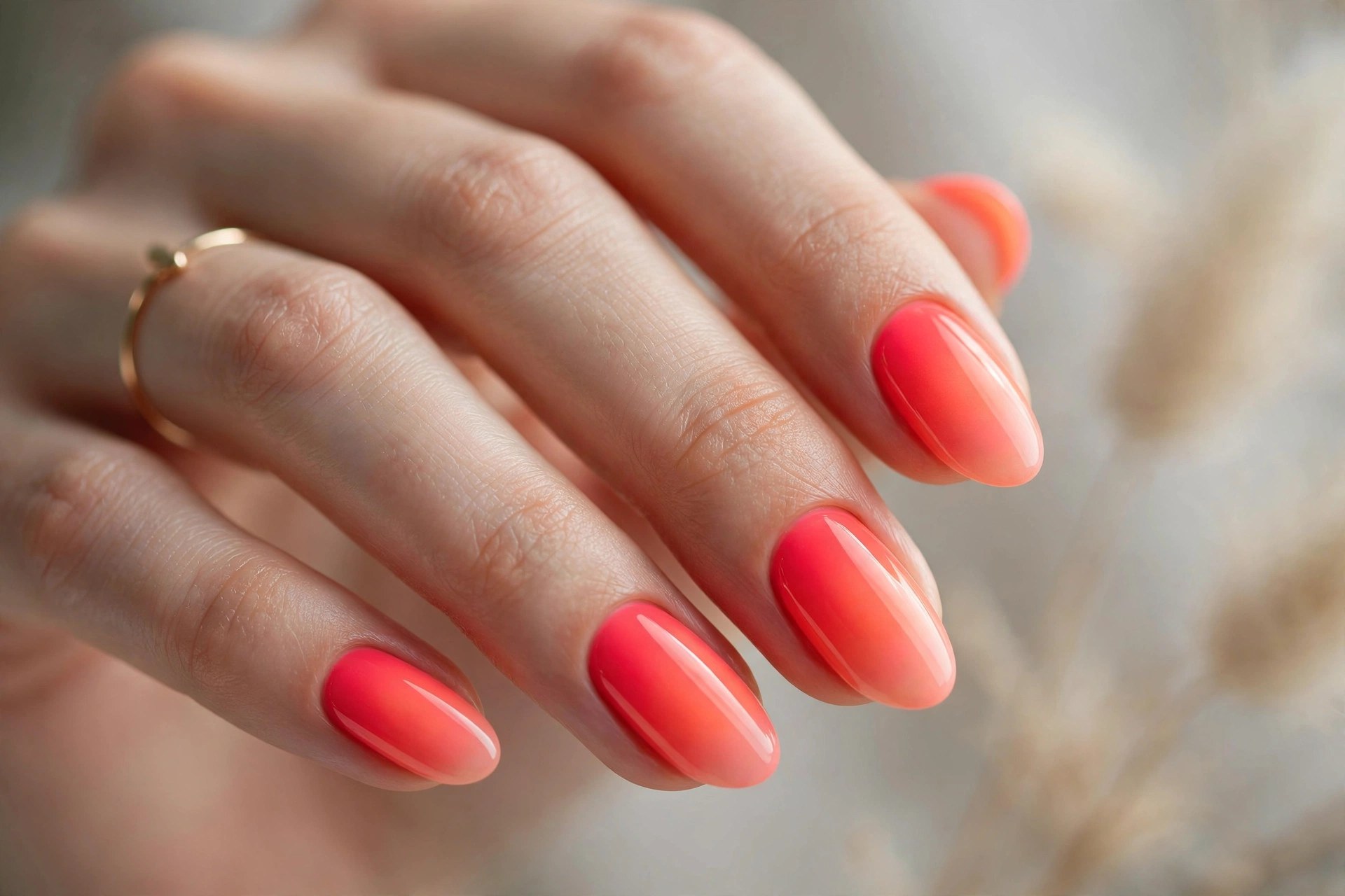 Elegant woman's hand with neon coral ombre manicured nails