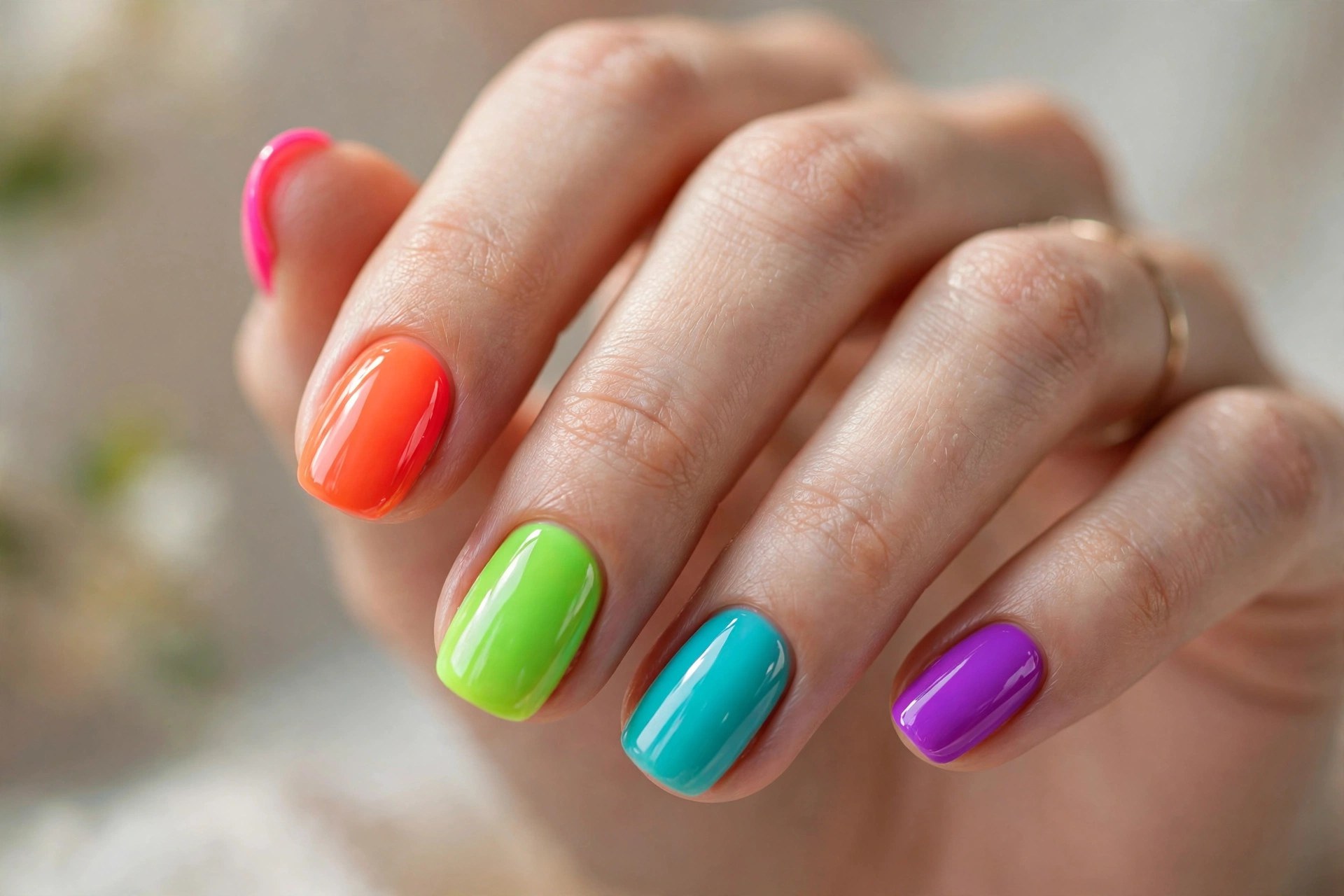 Elegant woman's hand with neon rainbow manicure, one color per nail