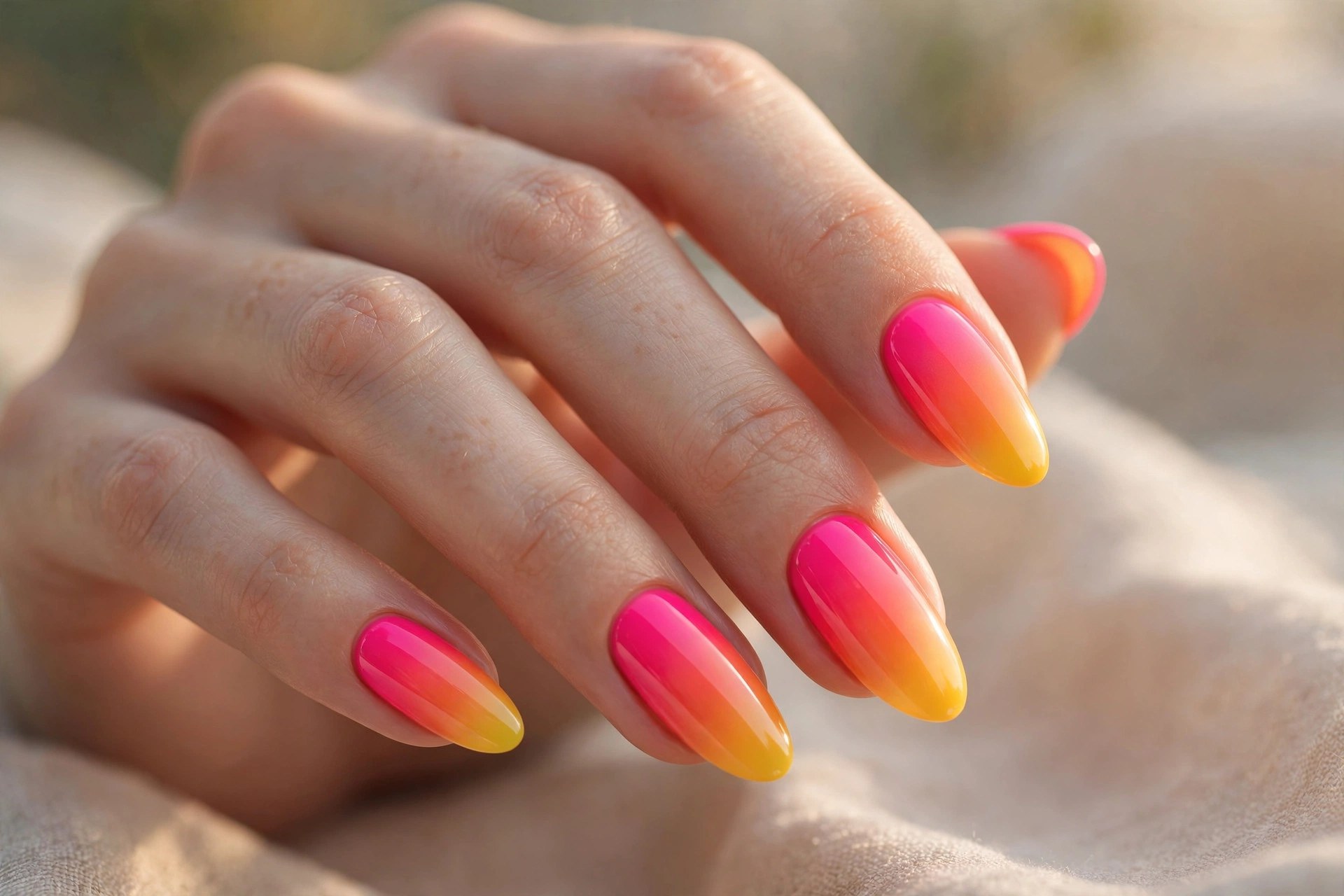 Elegant woman's hand with neon pink orange yellow sunset gradient nails