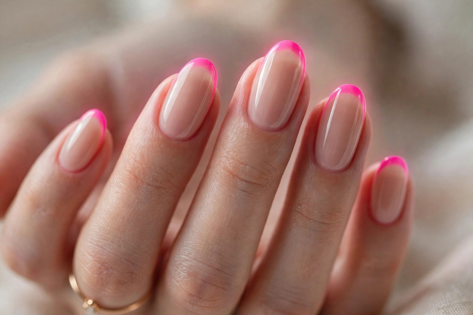 Elegant woman's hand with nude nails and pink neon aura glow